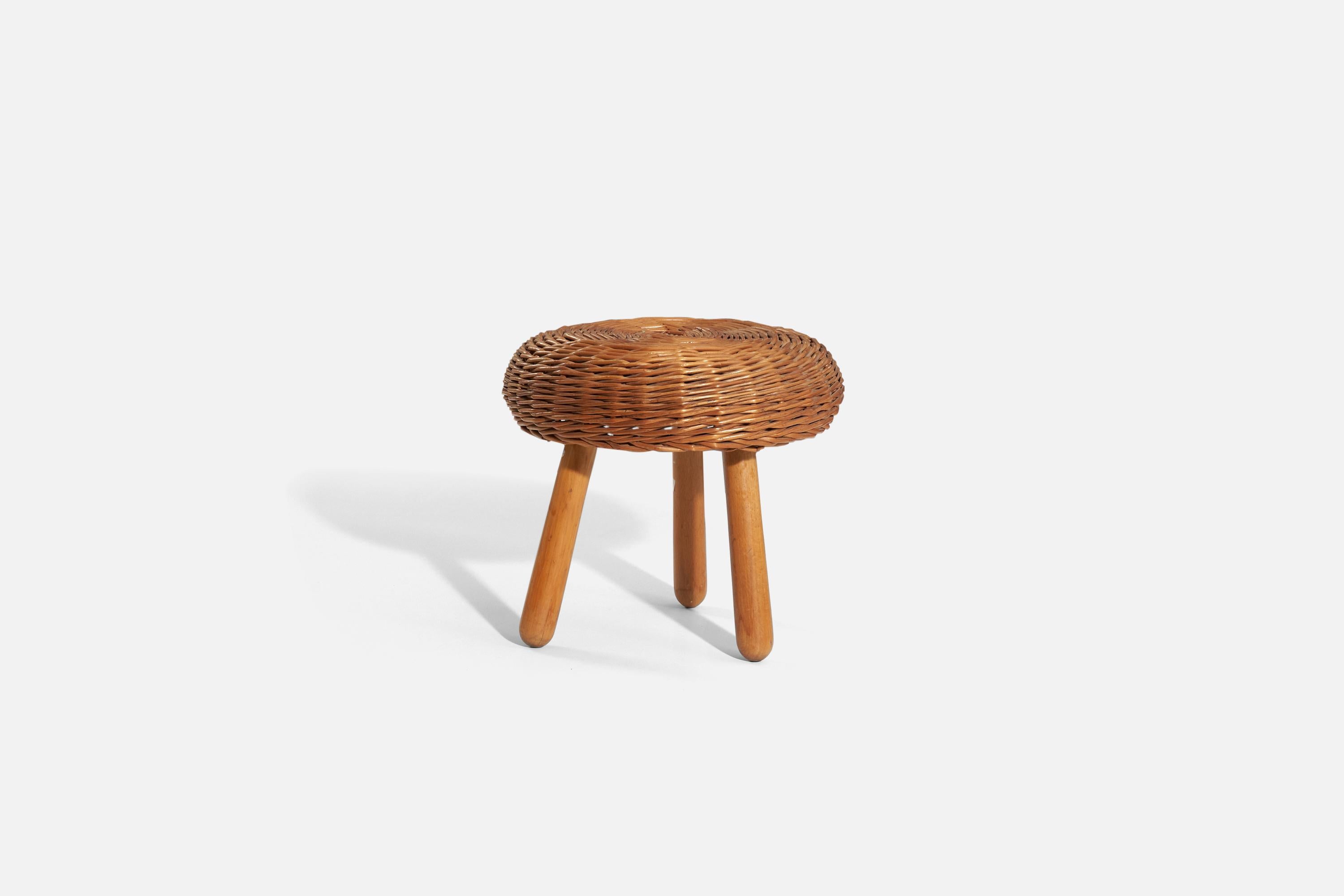 Mid-20th Century Tony Paul 'Attributed' Stool, Wicker, Wood, United States, 1950s For Sale
