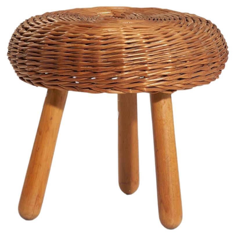 Tabouret « Attribué » de Tony Paul, en osier et bois, États-Unis, années 1950