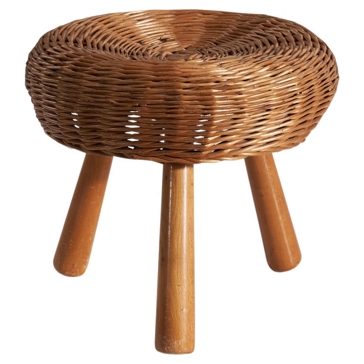 Tony Paul, “Attributed” Stool, Wicker, Wood, United States, 1950s For Sale