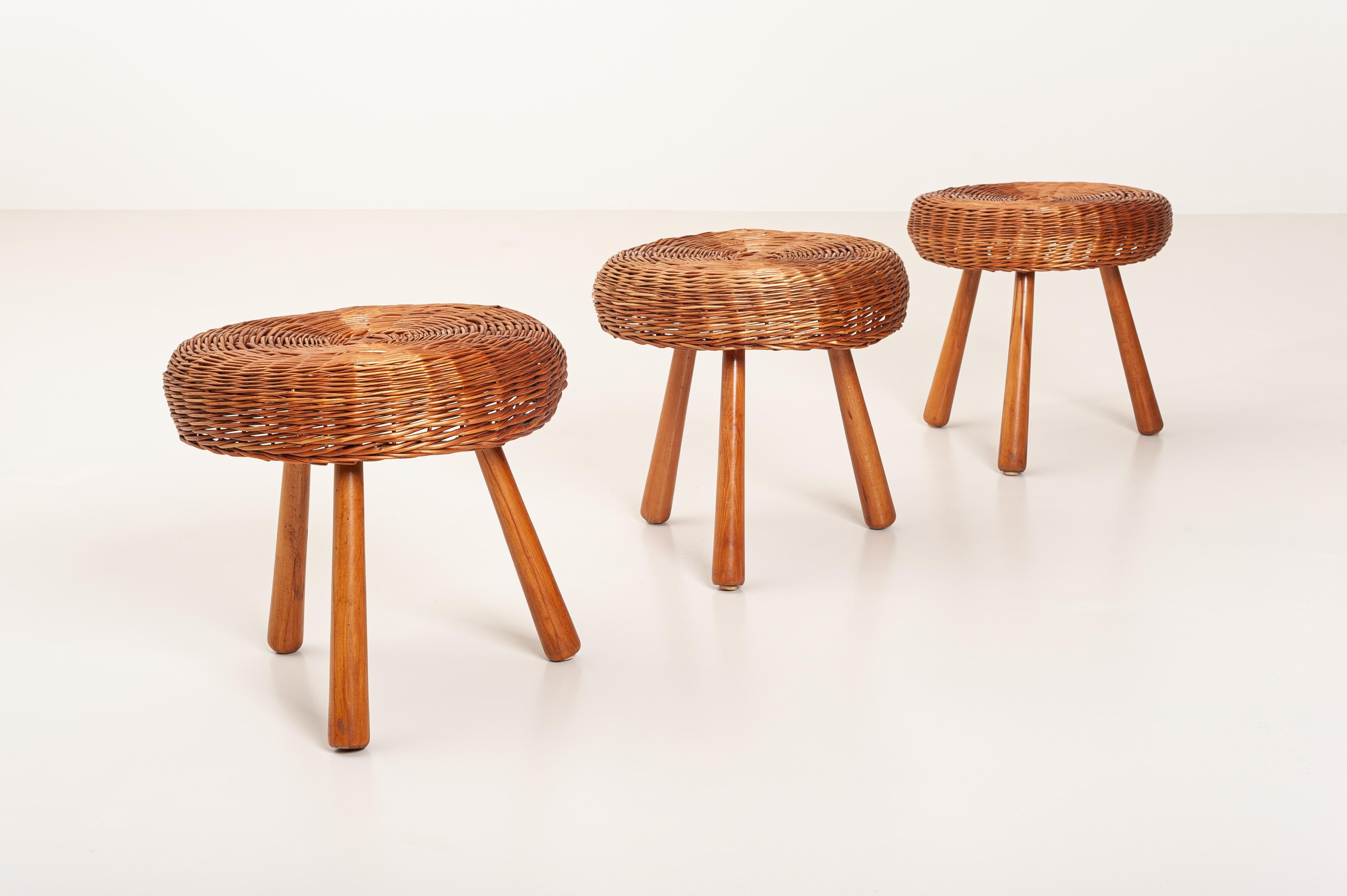 Tony Paul Attributed Stools, Woven Wicker, Solid Beech, United States, 1950s For Sale 3