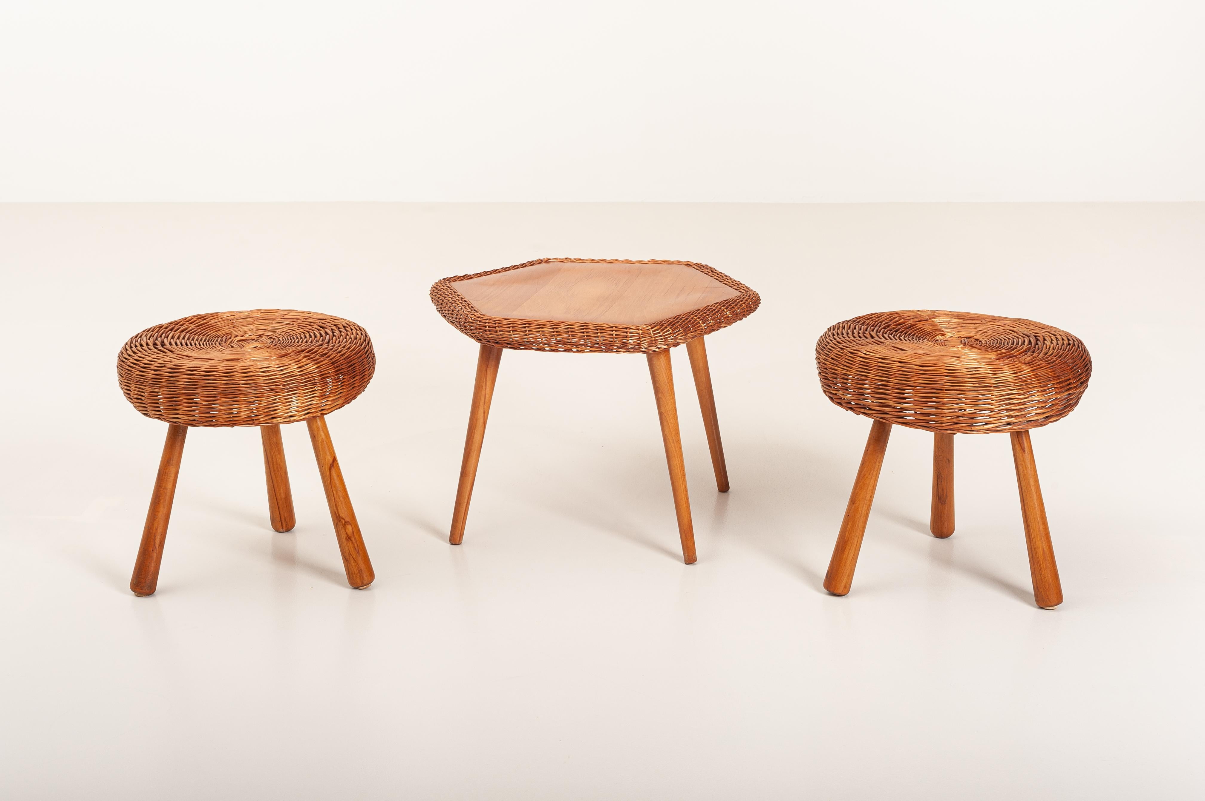 Tony Paul Attributed Stools, Woven Wicker, Solid Beech, United States, 1950s For Sale 4