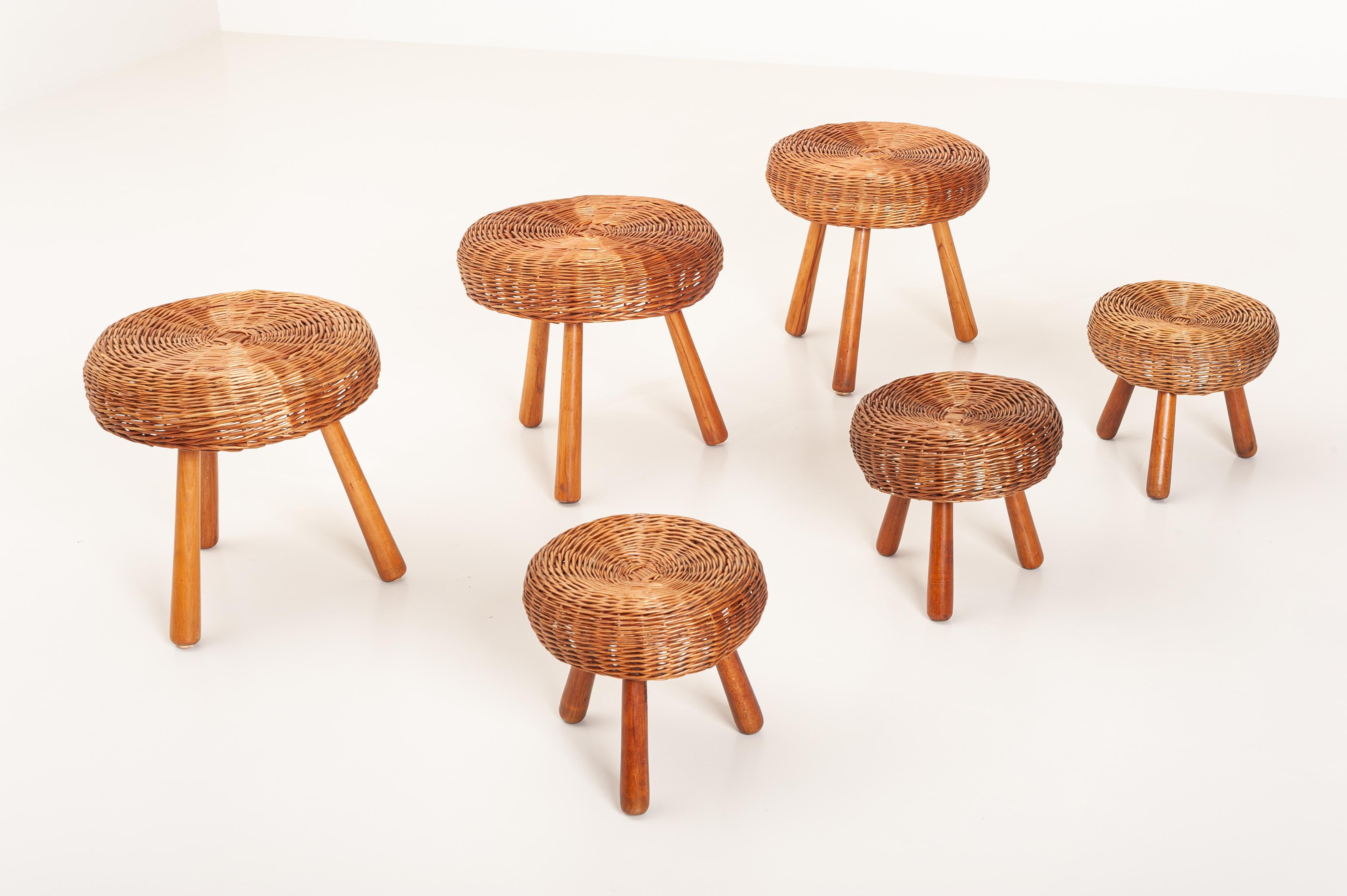 Mid-Century Modern Tony Paul Attributed Stools, Woven Wicker, Solid Beech, United States, 1950s For Sale