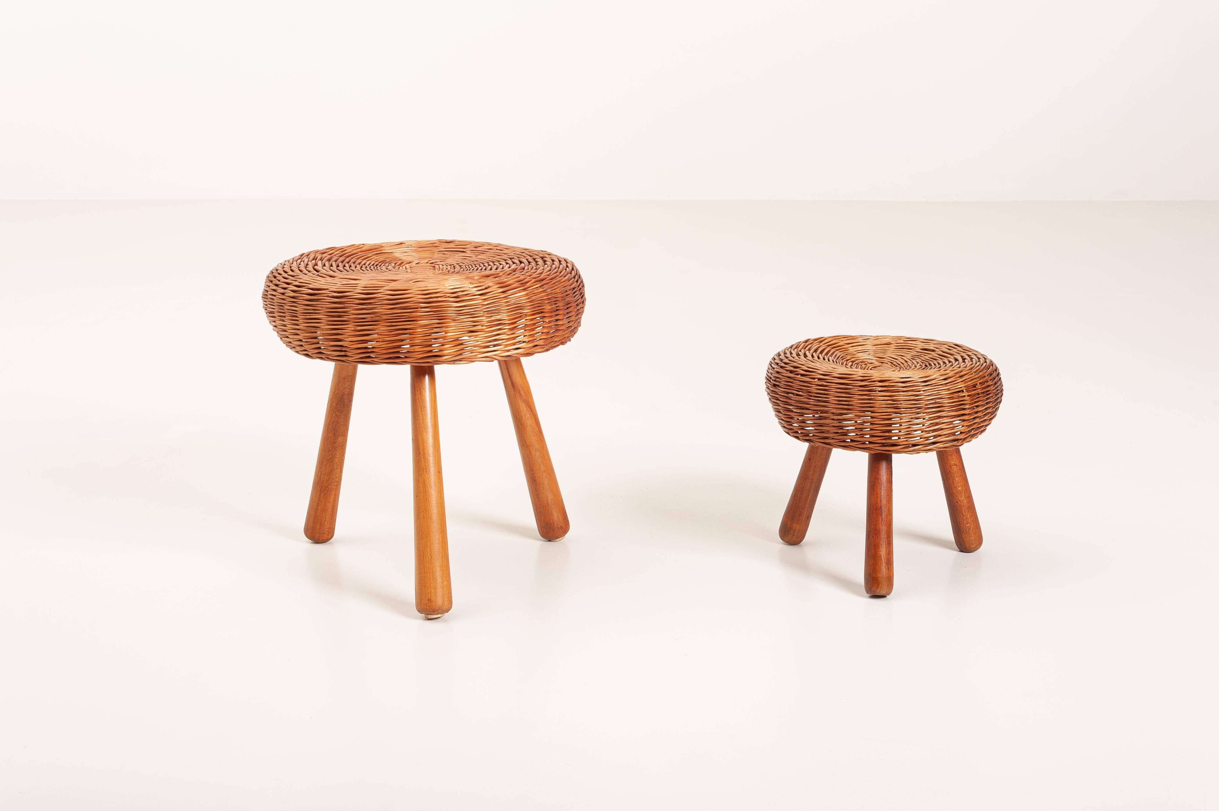 Caning Tony Paul Attributed Stools, Woven Wicker, Solid Beech, United States, 1950s For Sale