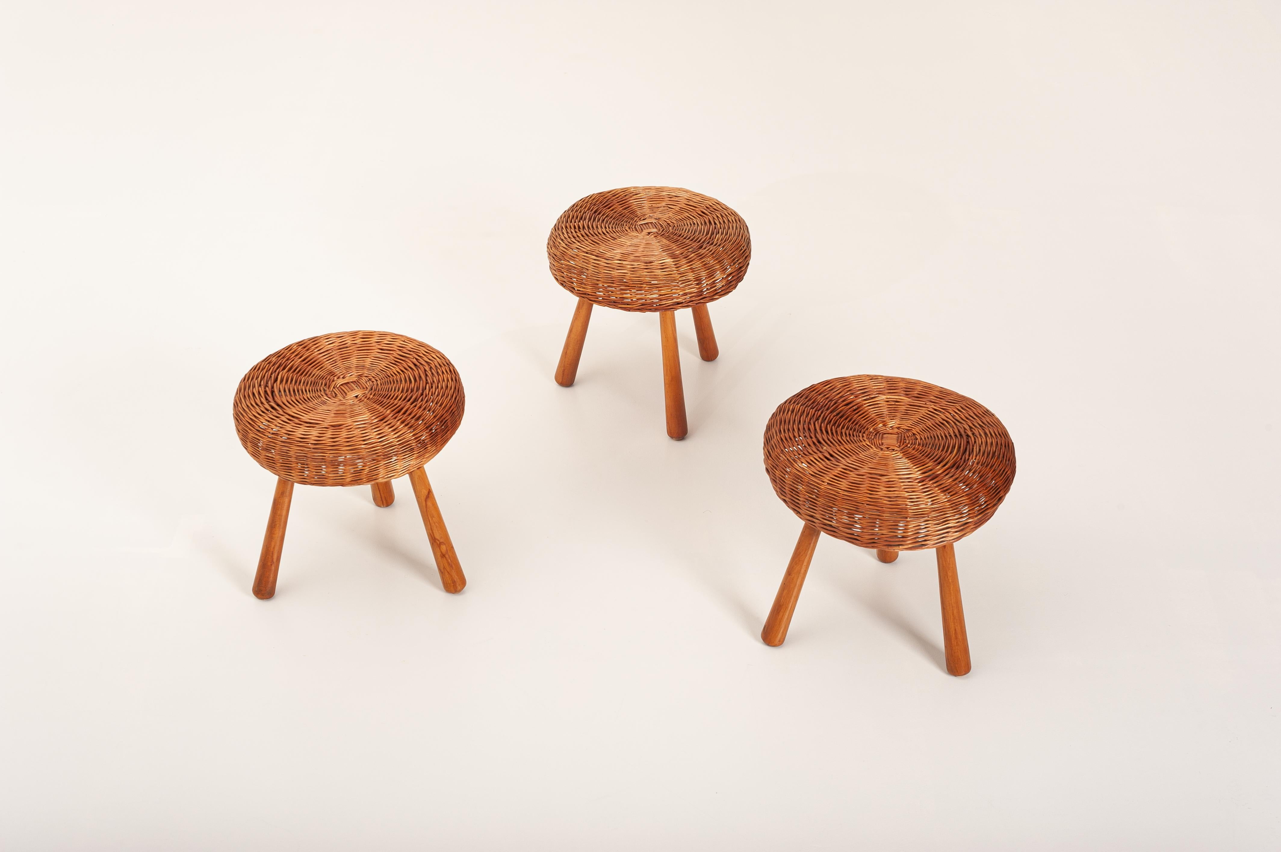Tony Paul Attributed Stools, Woven Wicker, Solid Beech, United States, 1950s For Sale 1