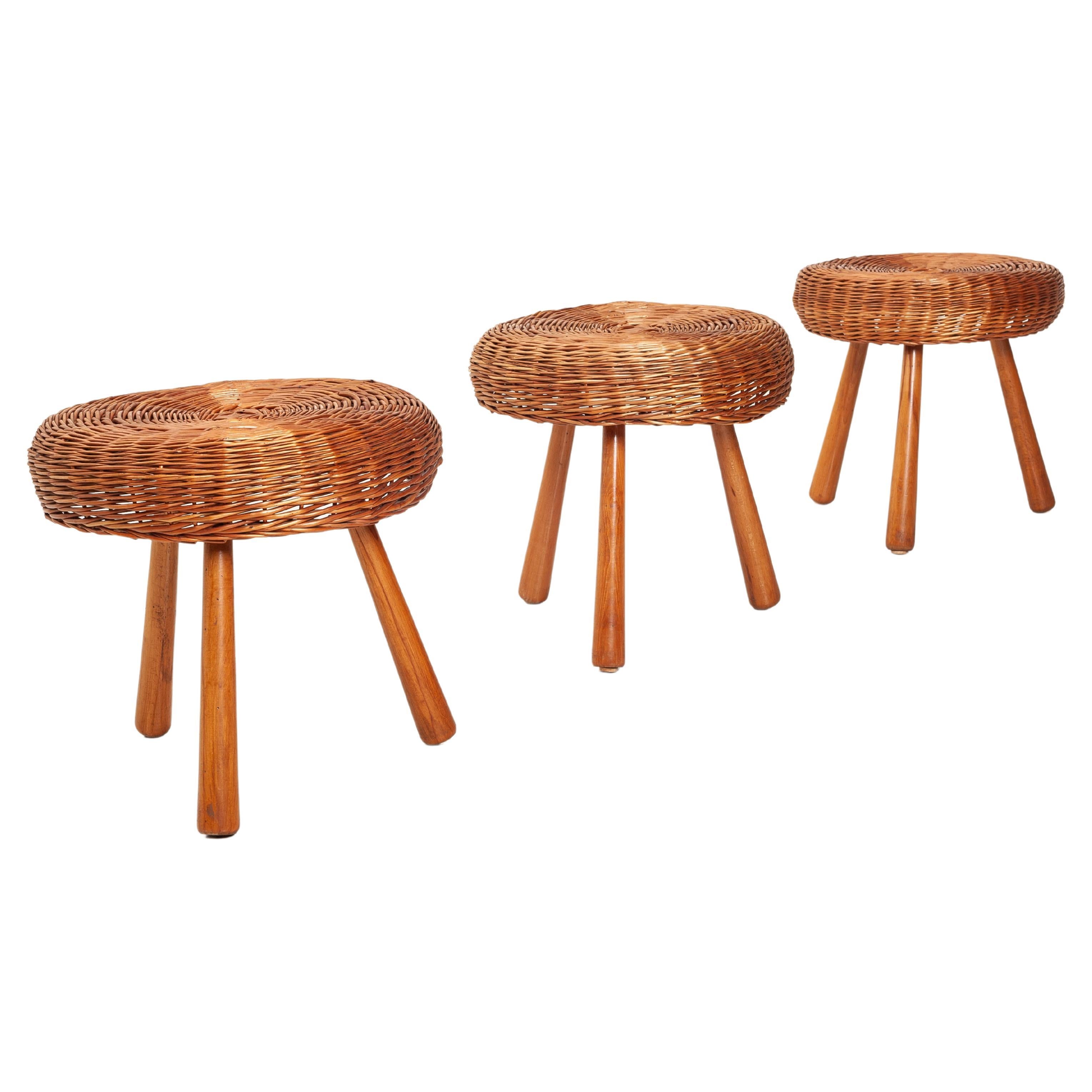 Tony Paul Attributed Stools, Woven Wicker, Solid Beech, United States, 1950s For Sale