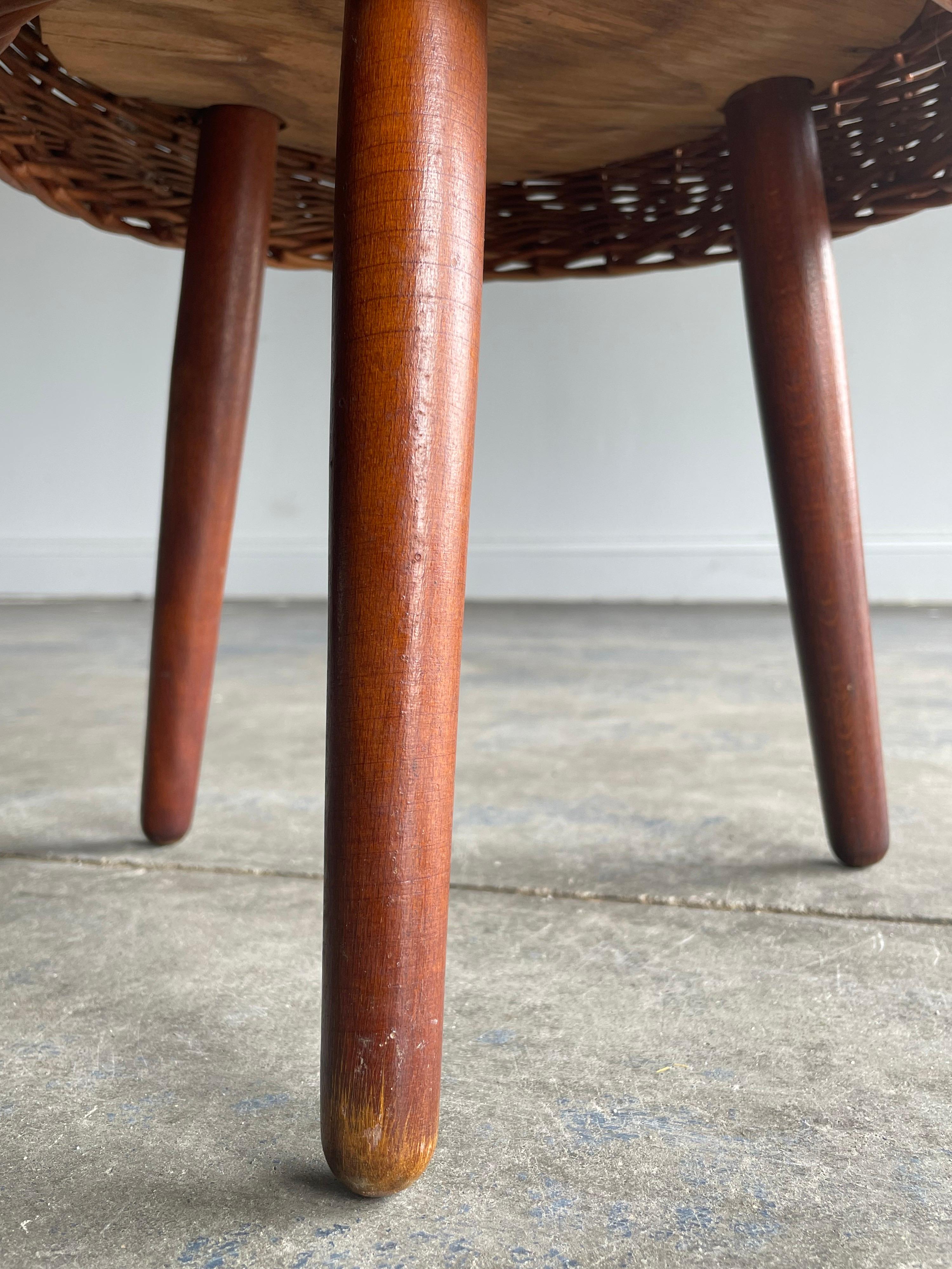 American Tony Paul Attributed Tripod Stool or table, Rattan and Wood For Sale