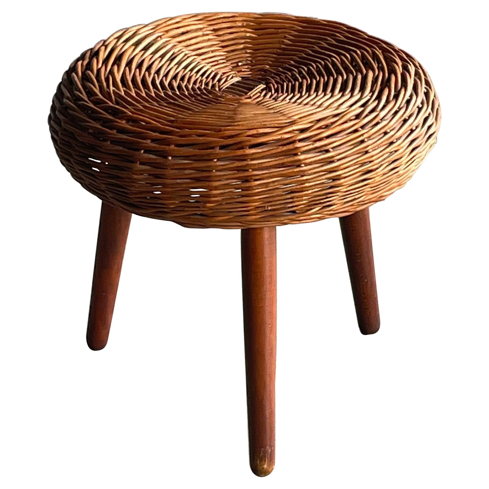 Tony Paul Attributed Tripod Stool or table, Rattan and Wood For Sale