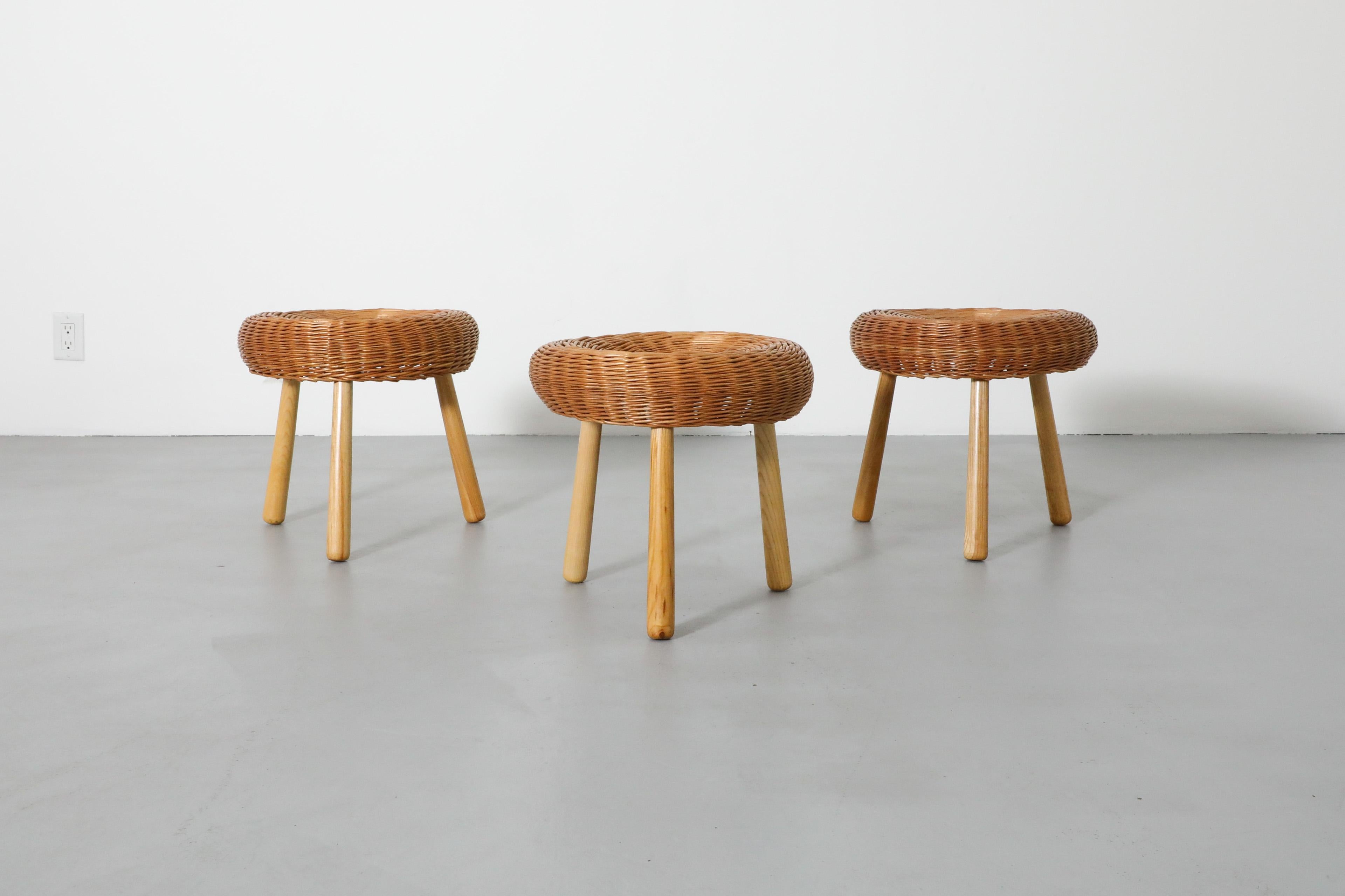Tony Paul Attributed Woven Rattan Tripod Stools with Tapered Solid Wood Legs For Sale 12