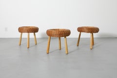 Tony Paul Attributed Woven Rattan Tripod Stools with Tapered Solid Wood Legs