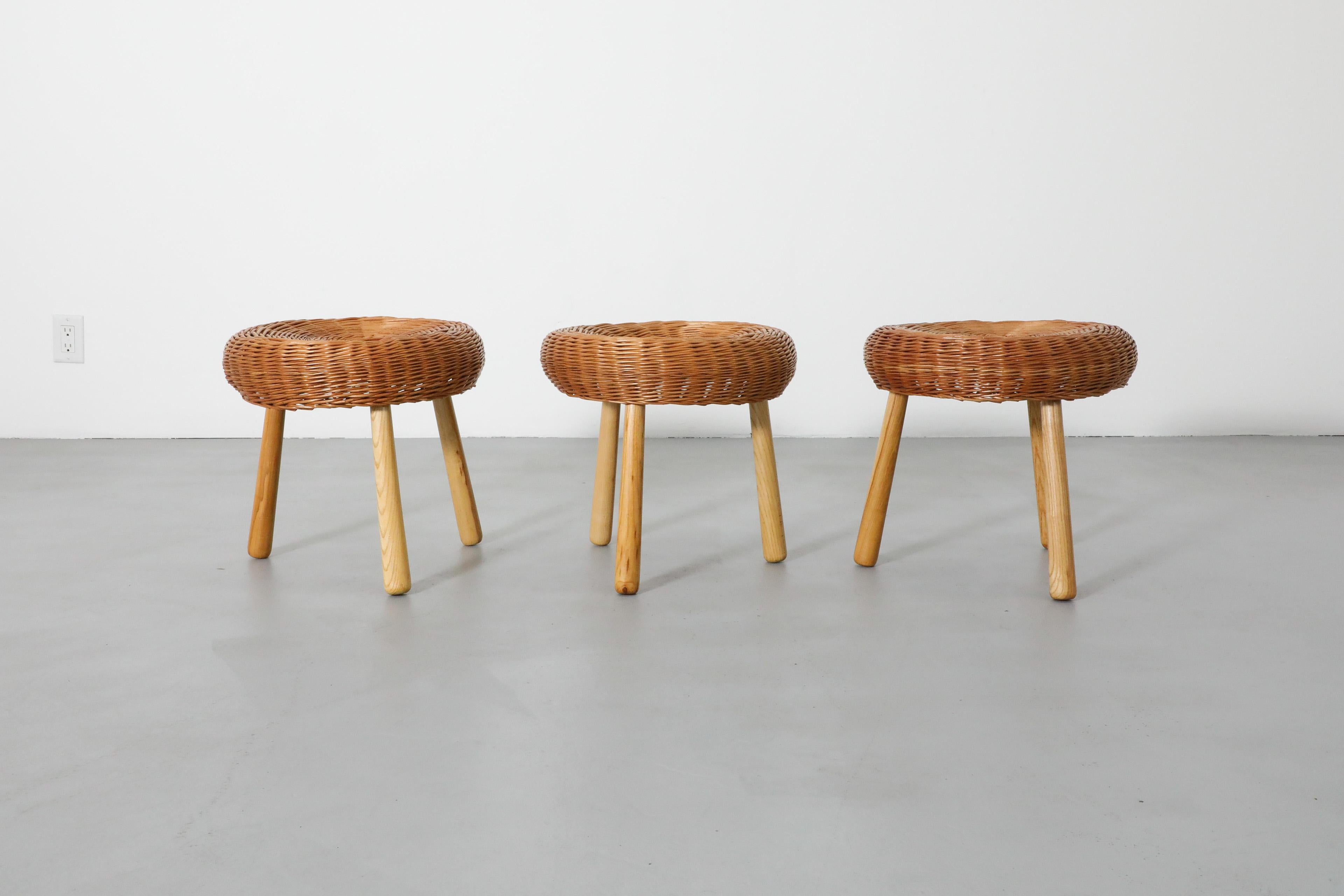 Mid-Century Modern Tony Paul Attributed Woven Rattan Tripod Stools with Tapered Solid Wood Legs For Sale