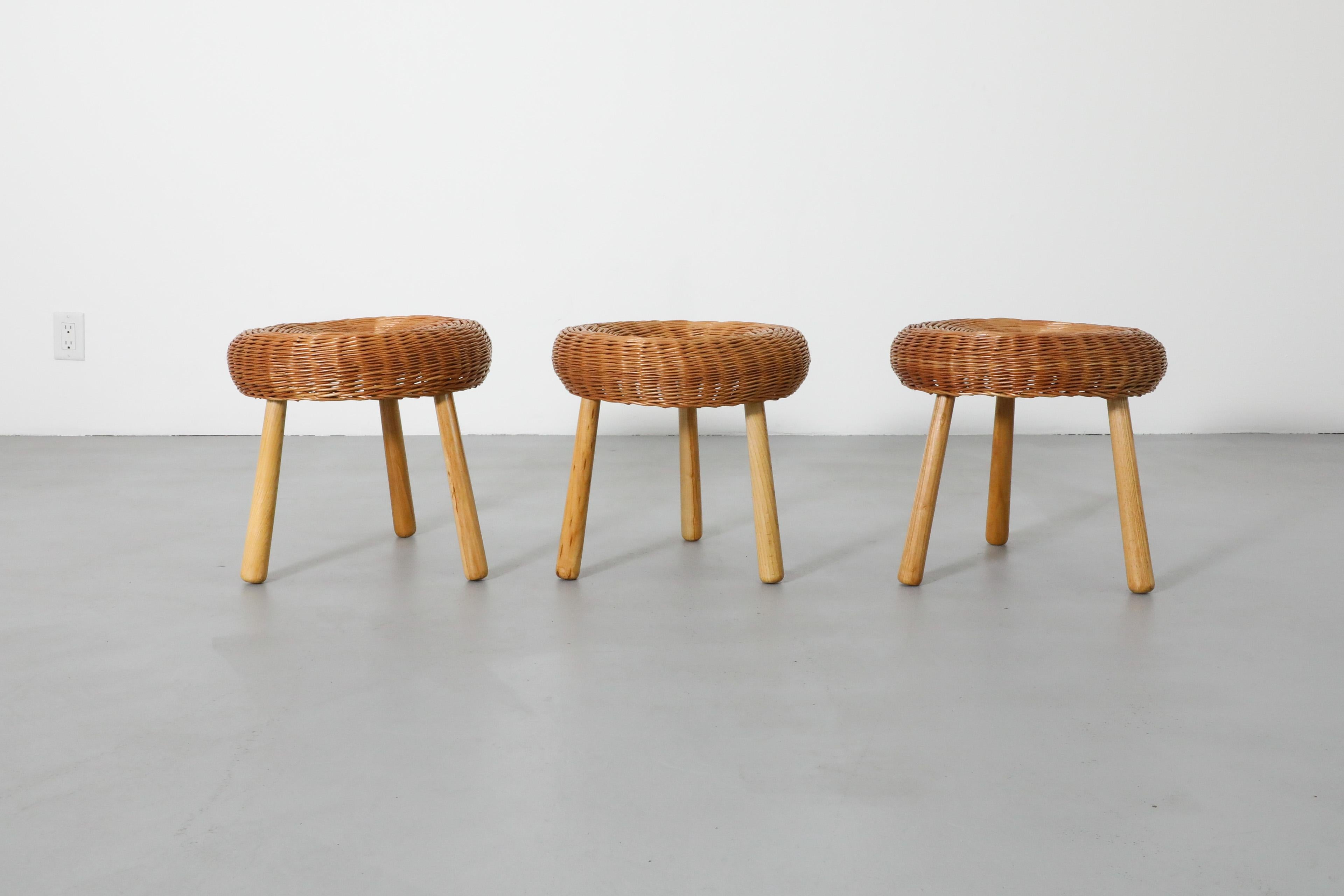Macedonian Tony Paul Attributed Woven Rattan Tripod Stools with Tapered Solid Wood Legs For Sale