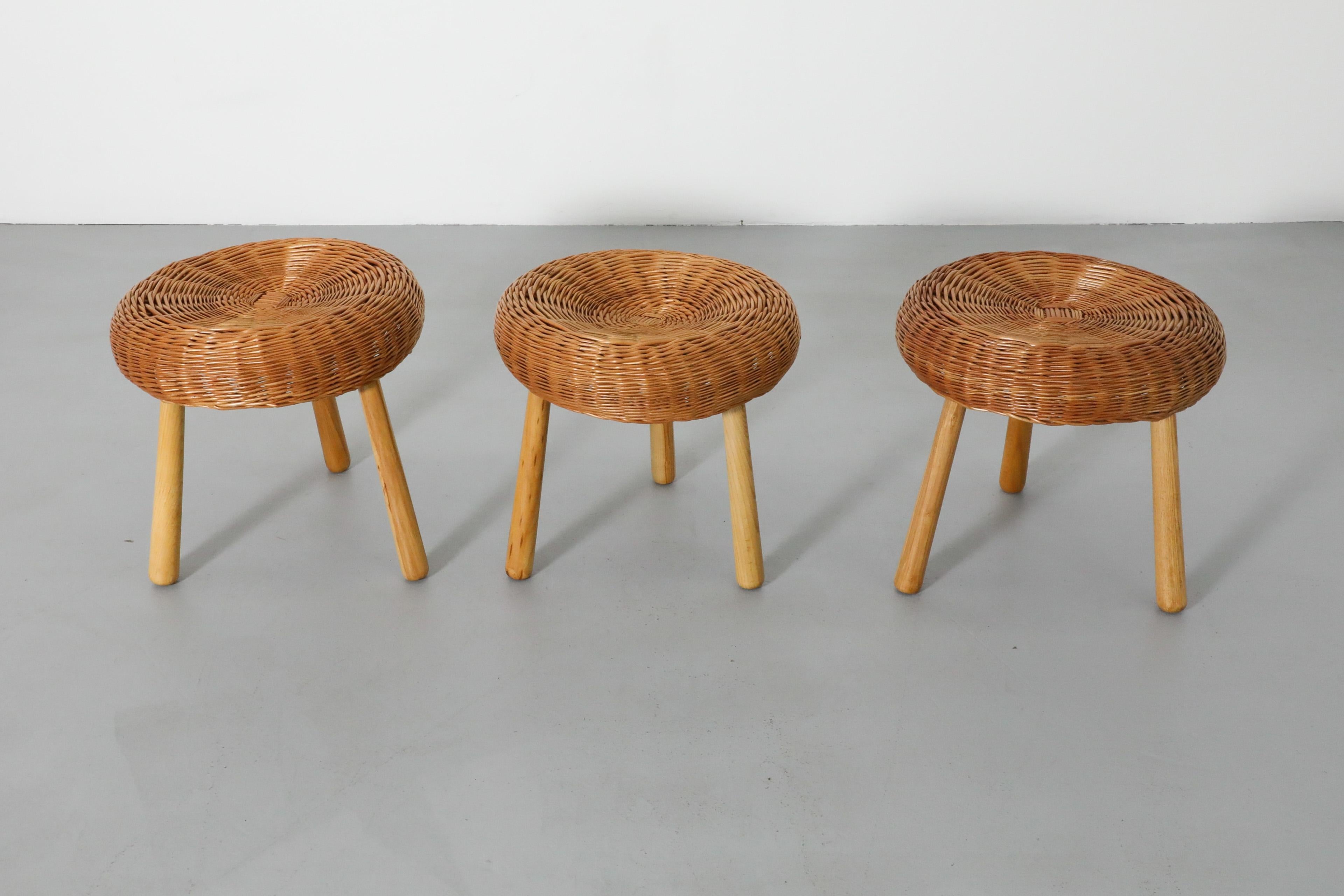 Tony Paul Attributed Woven Rattan Tripod Stools with Tapered Solid Wood Legs In Good Condition For Sale In Los Angeles, CA