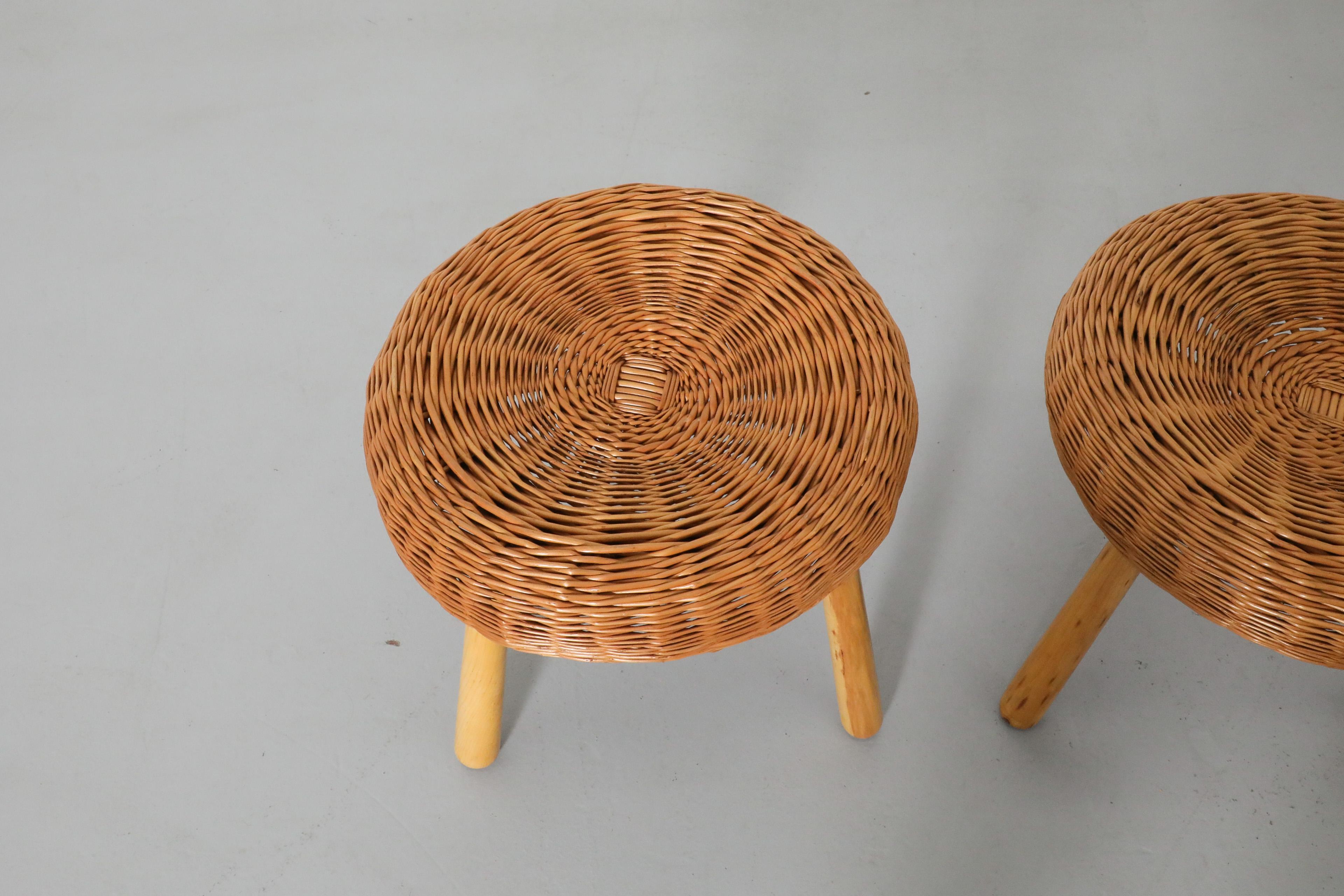 Tony Paul Attributed Woven Rattan Tripod Stools with Tapered Solid Wood Legs For Sale 1