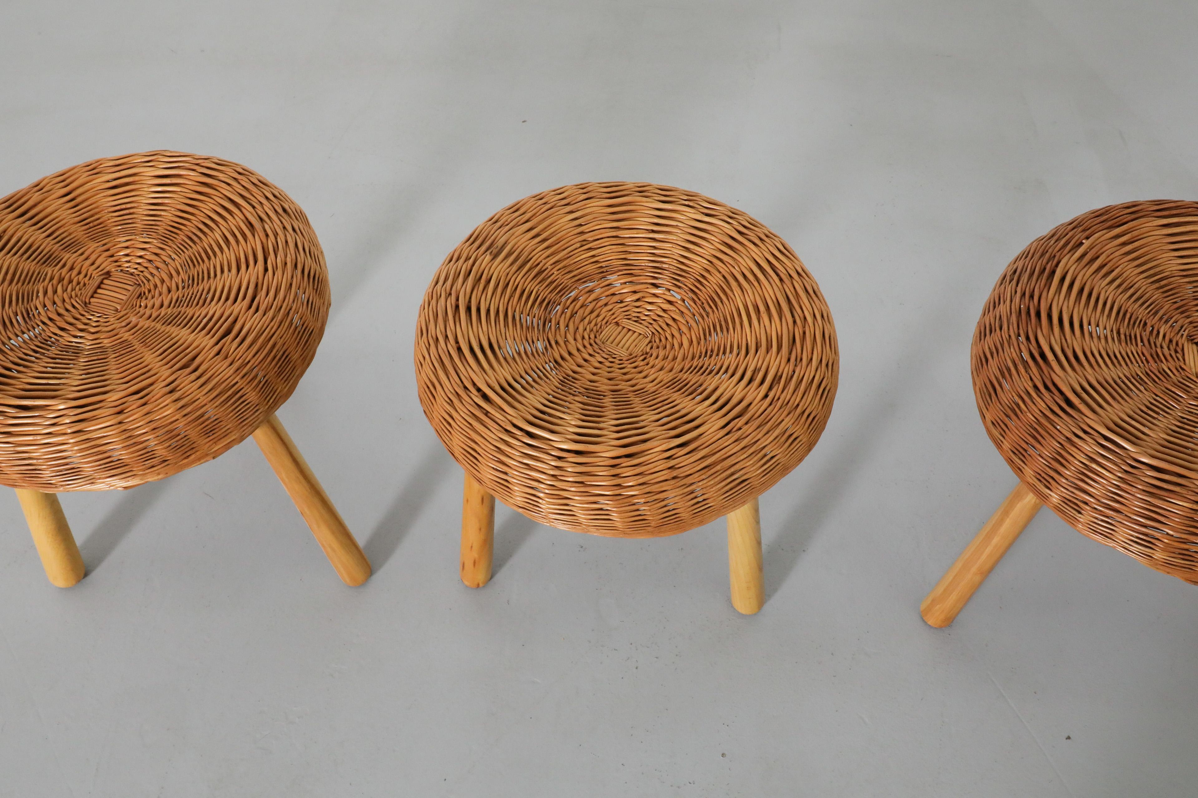 Tony Paul Attributed Woven Rattan Tripod Stools with Tapered Solid Wood Legs For Sale 2
