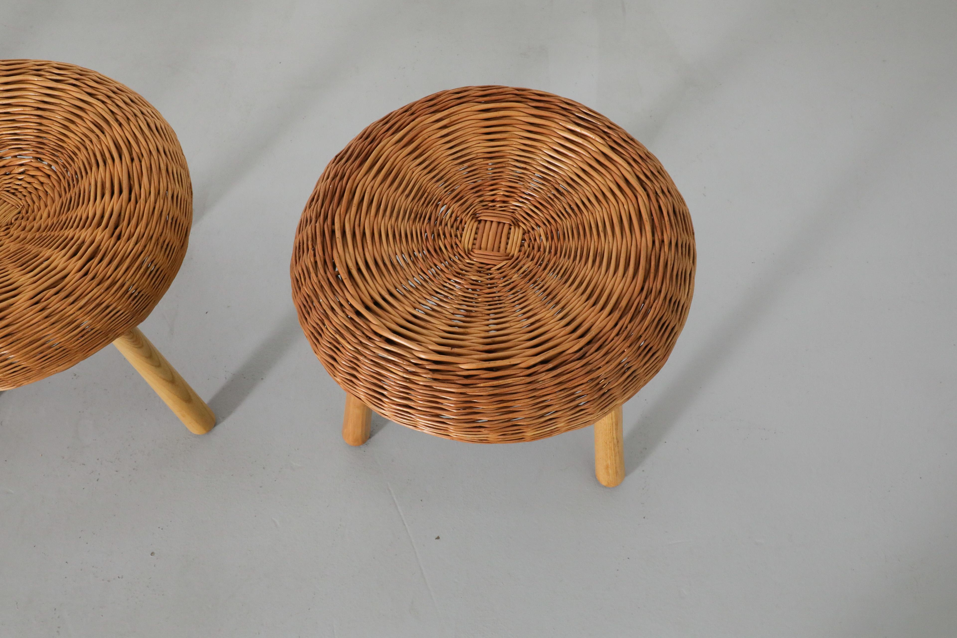 Tony Paul Attributed Woven Rattan Tripod Stools with Tapered Solid Wood Legs For Sale 3