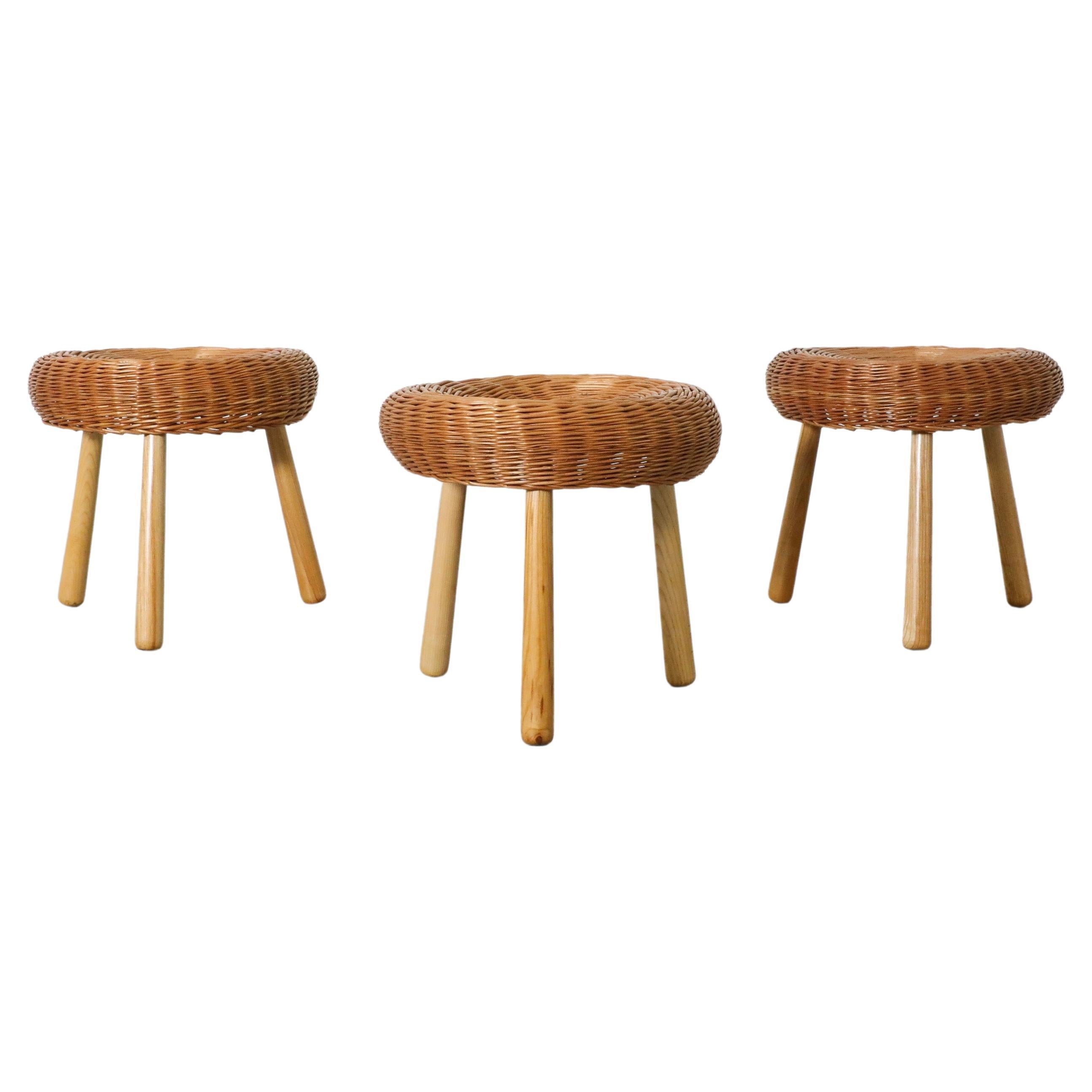 Tony Paul Attributed Woven Rattan Tripod Stools with Tapered Solid Wood Legs