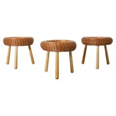 Vintage Tony Paul Attributed Woven Rattan Tripod Stools with Tapered Solid Wood Legs