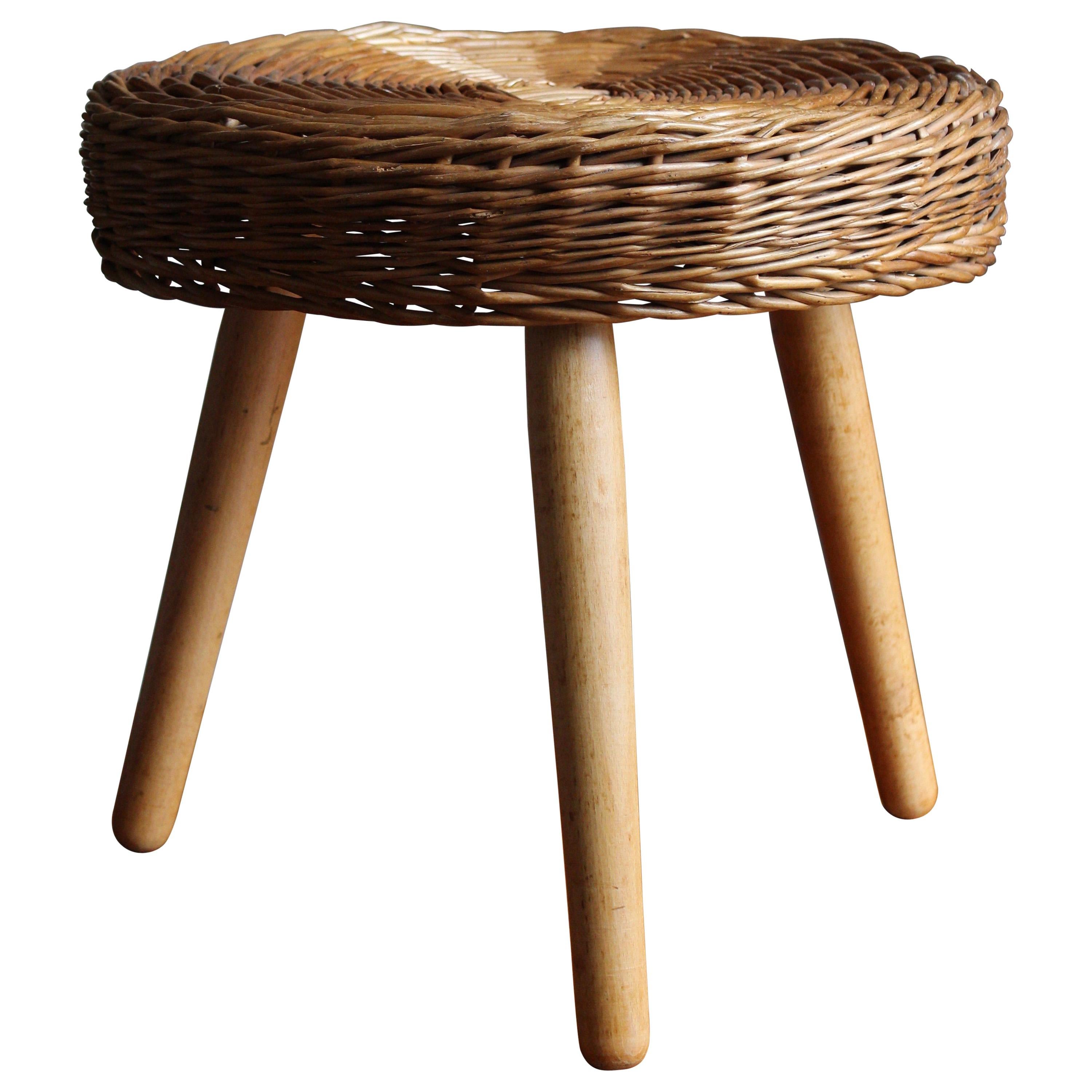 Tony Paul 'Attribution' Large Stool, Woven Rattan, Wood, America, 1950s For Sale