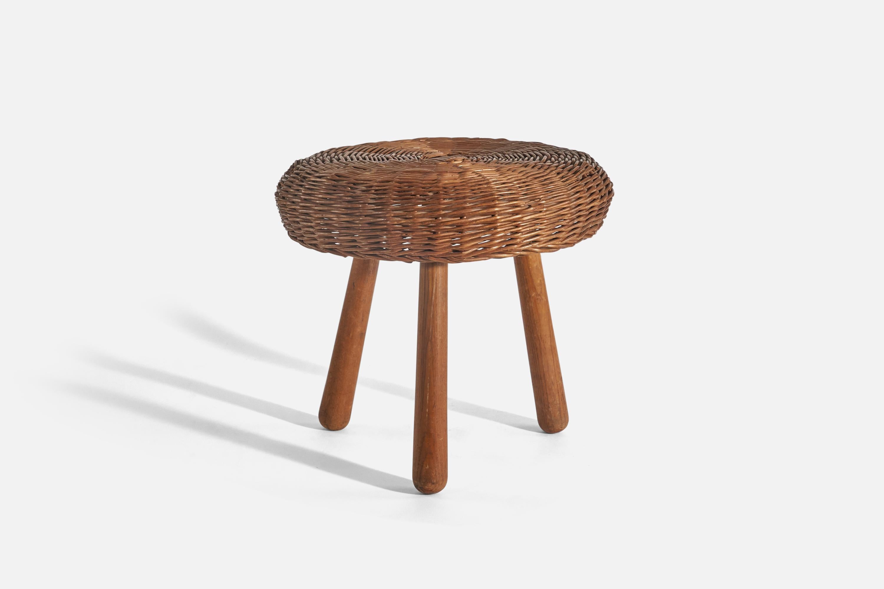 A wicker and wooden stool designed and produced by Tony Paul, United States, 1950s.
 