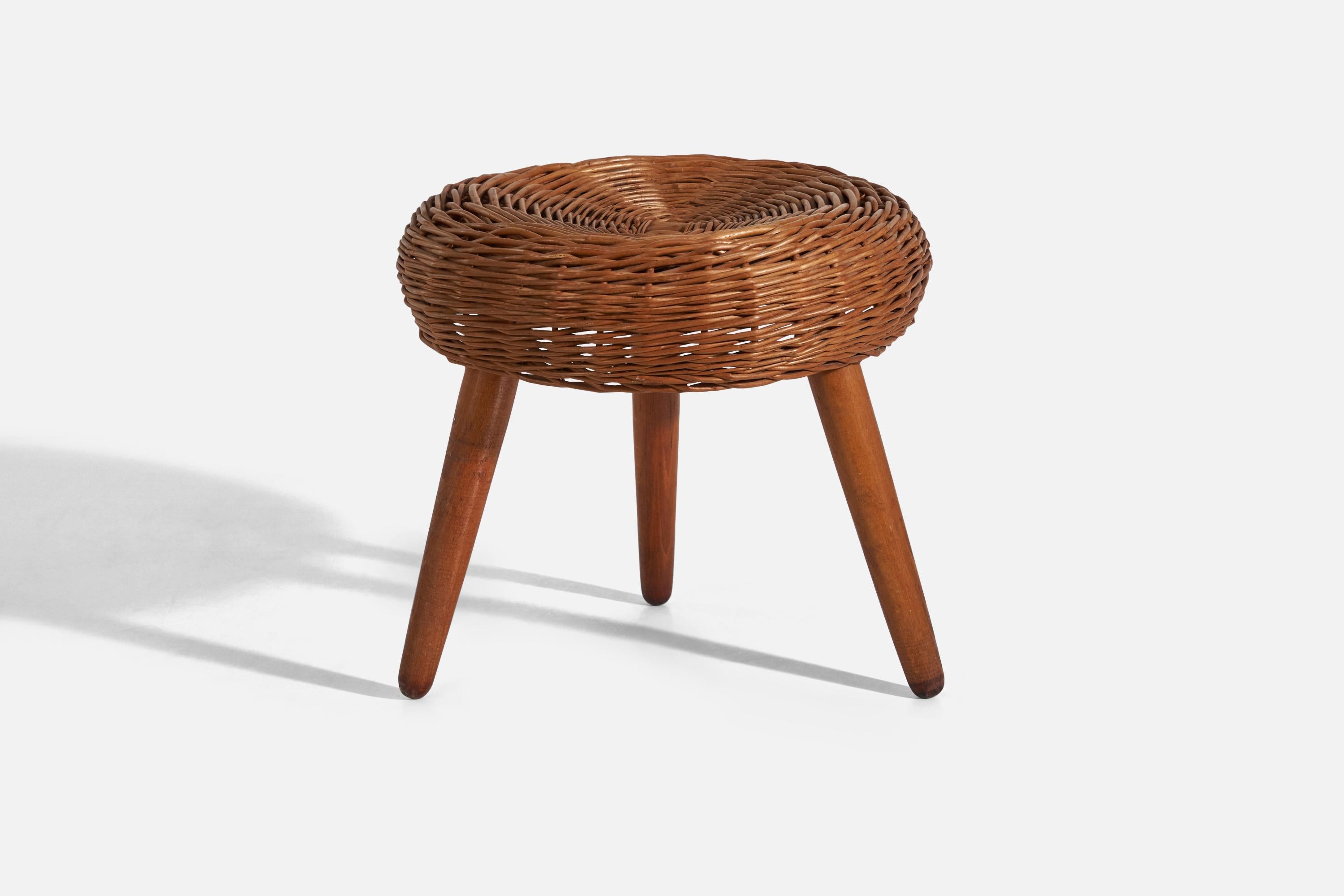 A wicker and wooden stool; design and production attributed to Tony Paul, United States, 1950s.
 
