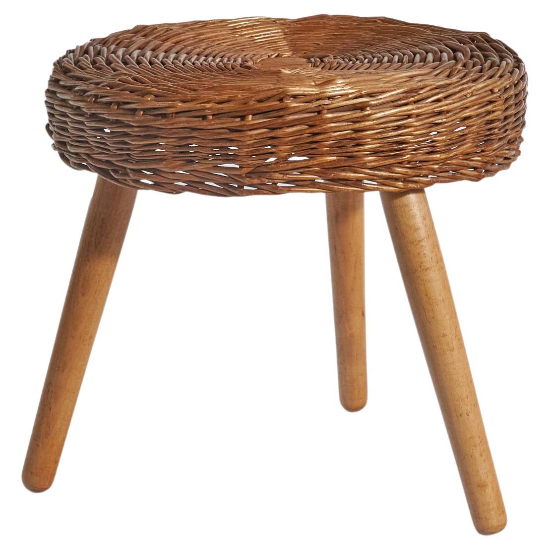 Tabouret d'attribution Tony Paul, osier, bois, États-Unis, années 1950