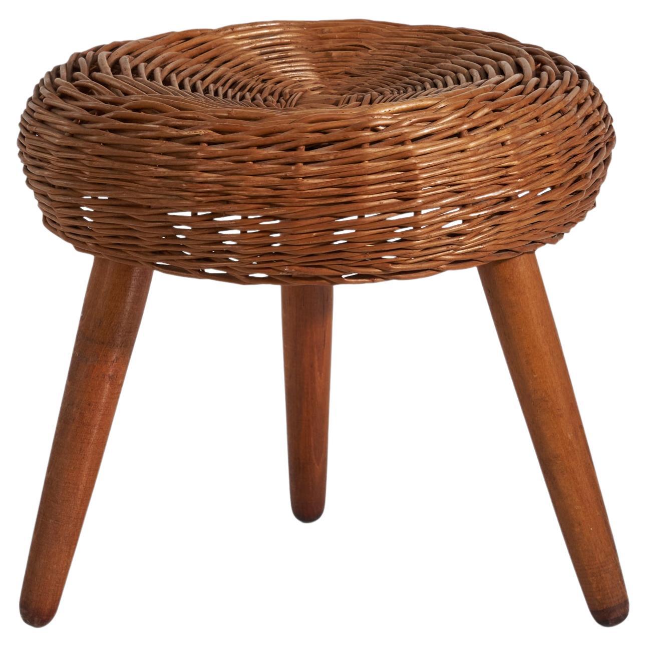 Tony Paul Attribution, Stool, Wicker, Wood, United States, 1950s For Sale