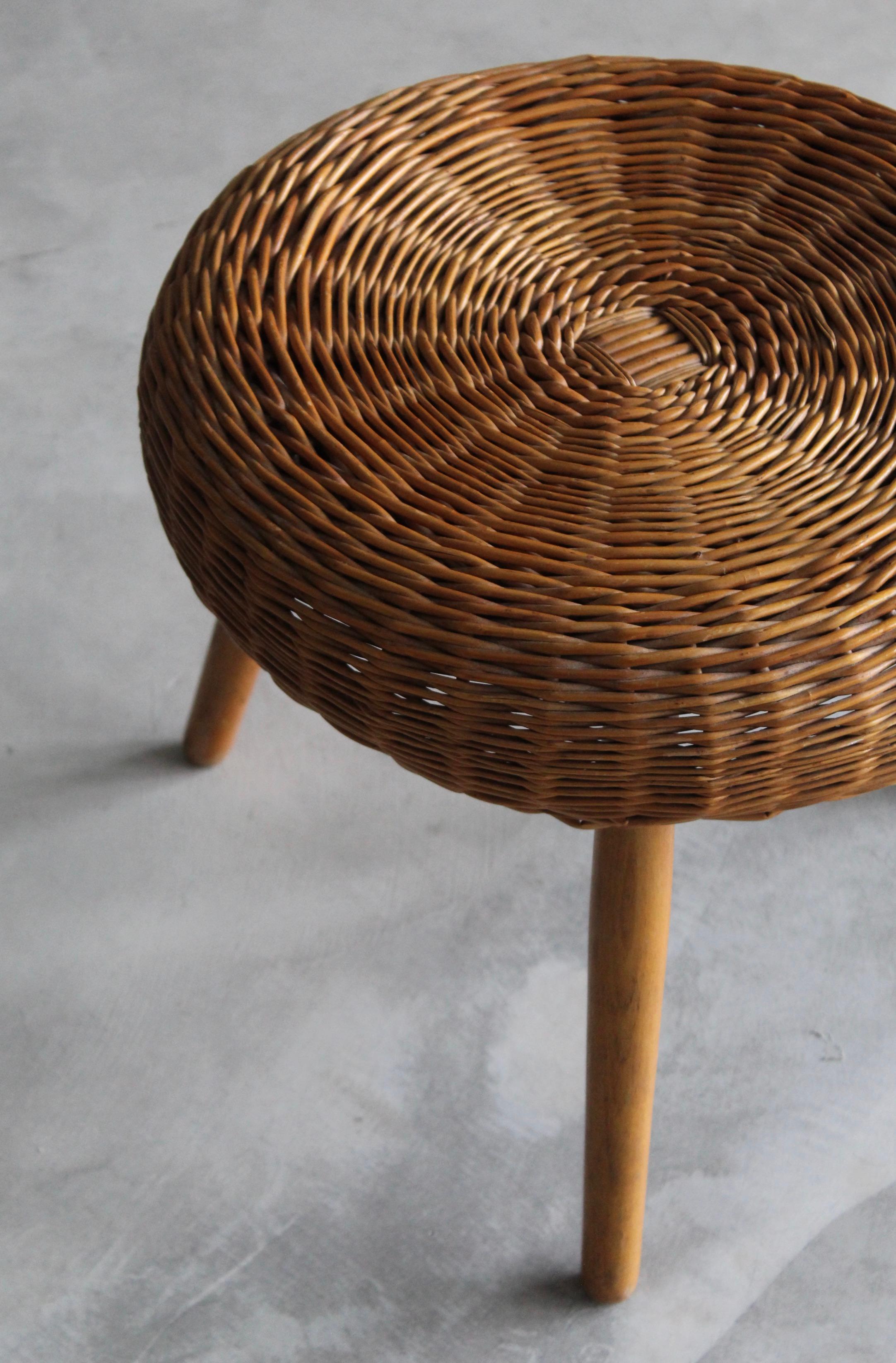 American Tony Paul 'Attribution' Stool, Woven Wicker, Wood, United States, 1950s