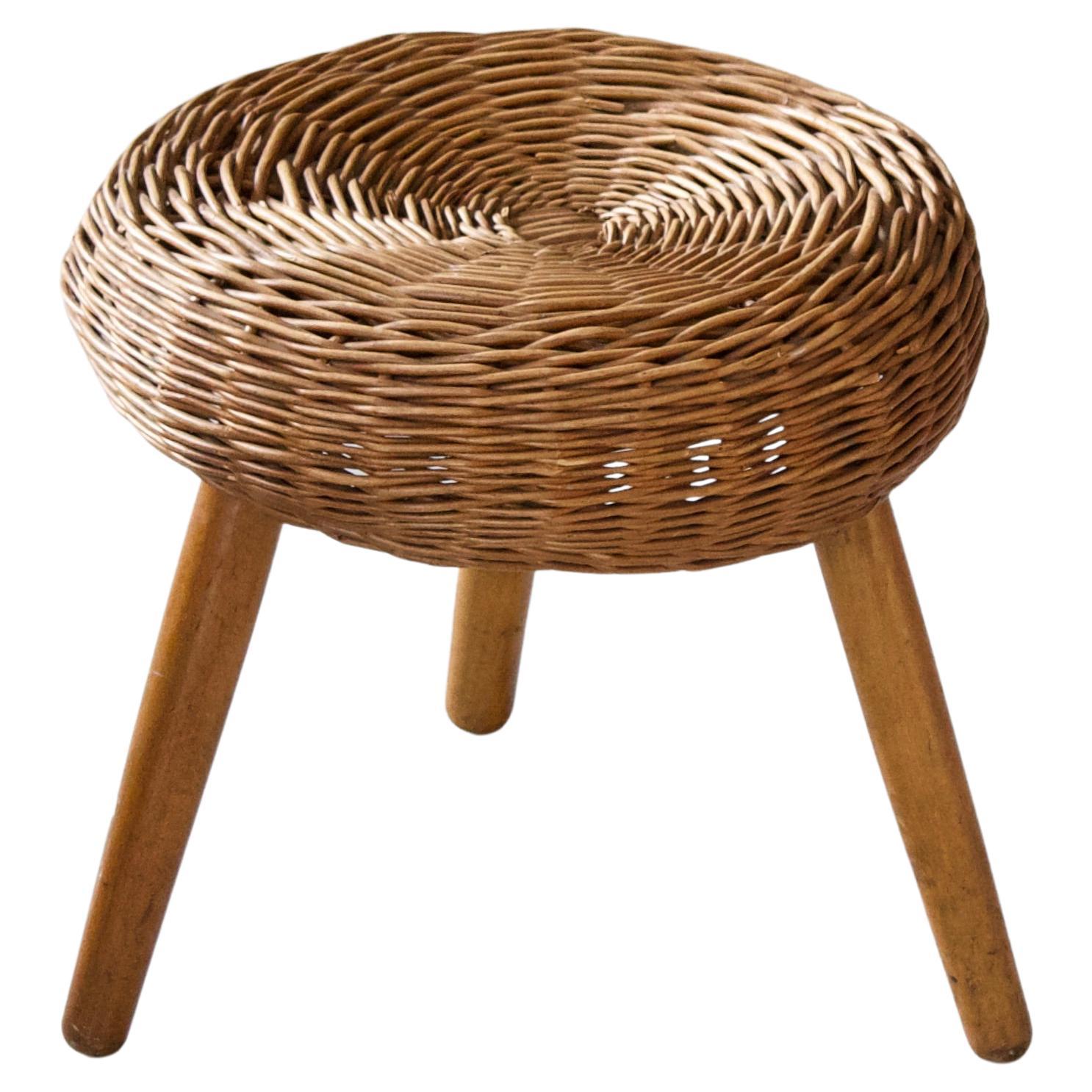 Tony Paul 'Attribution' Stool, Woven Wicker, Wood, United States, 1950s For Sale