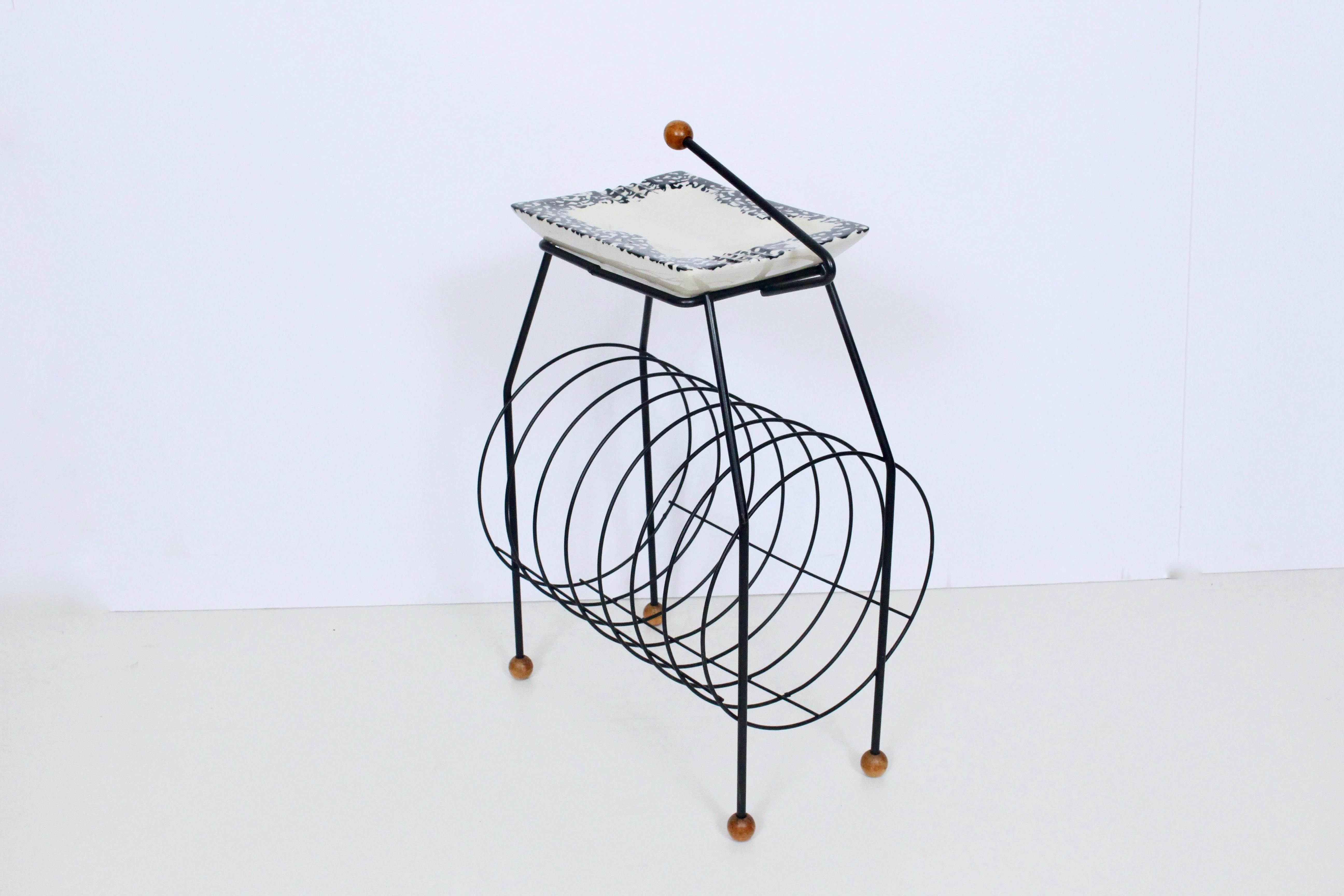Mid-Century Modern Tony Paul Black Wire, Ceramic & Wood Record Album Stand, 1950's For Sale