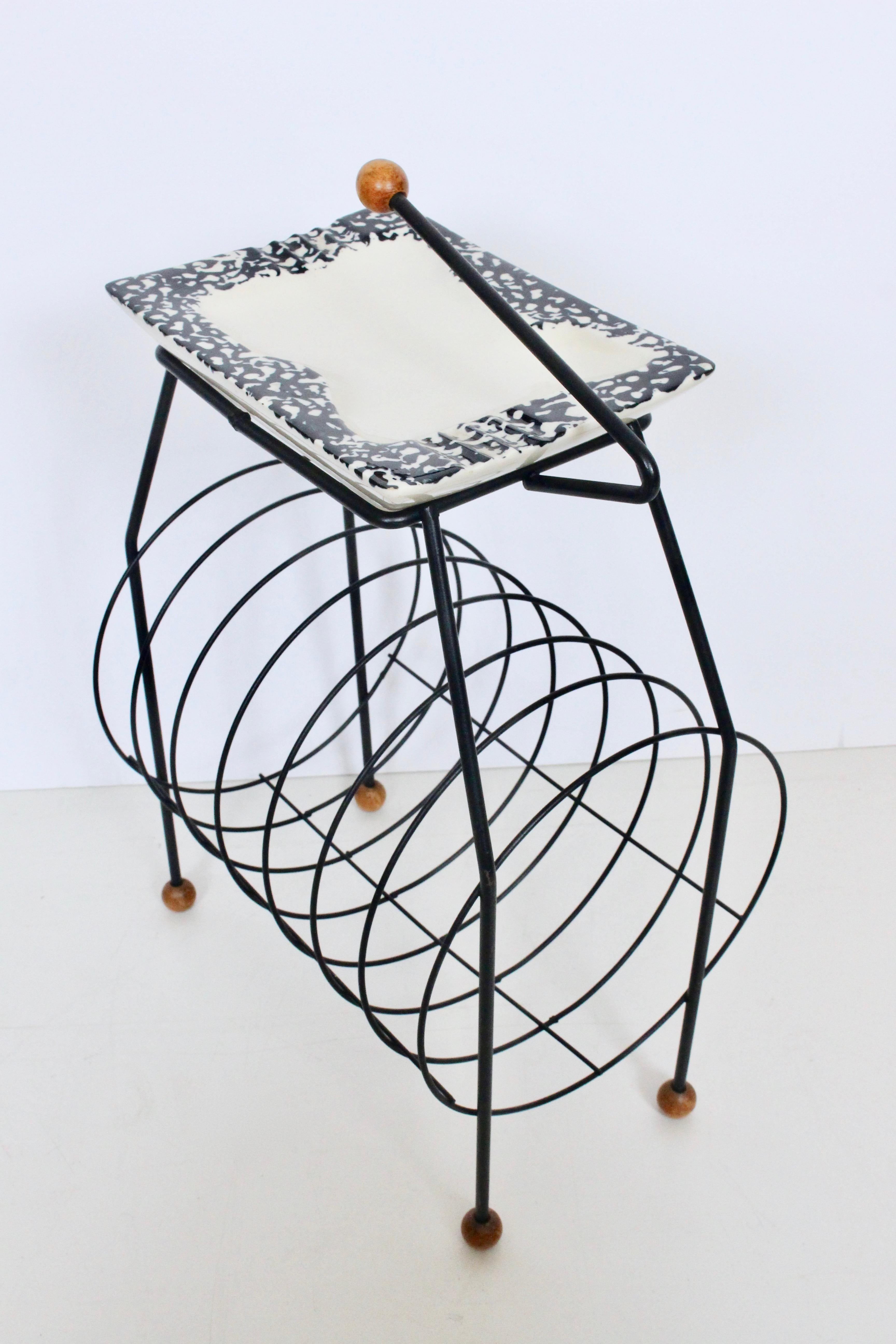 Mid-20th Century Tony Paul Black Wire, Ceramic & Wood Record Album Stand, 1950's For Sale