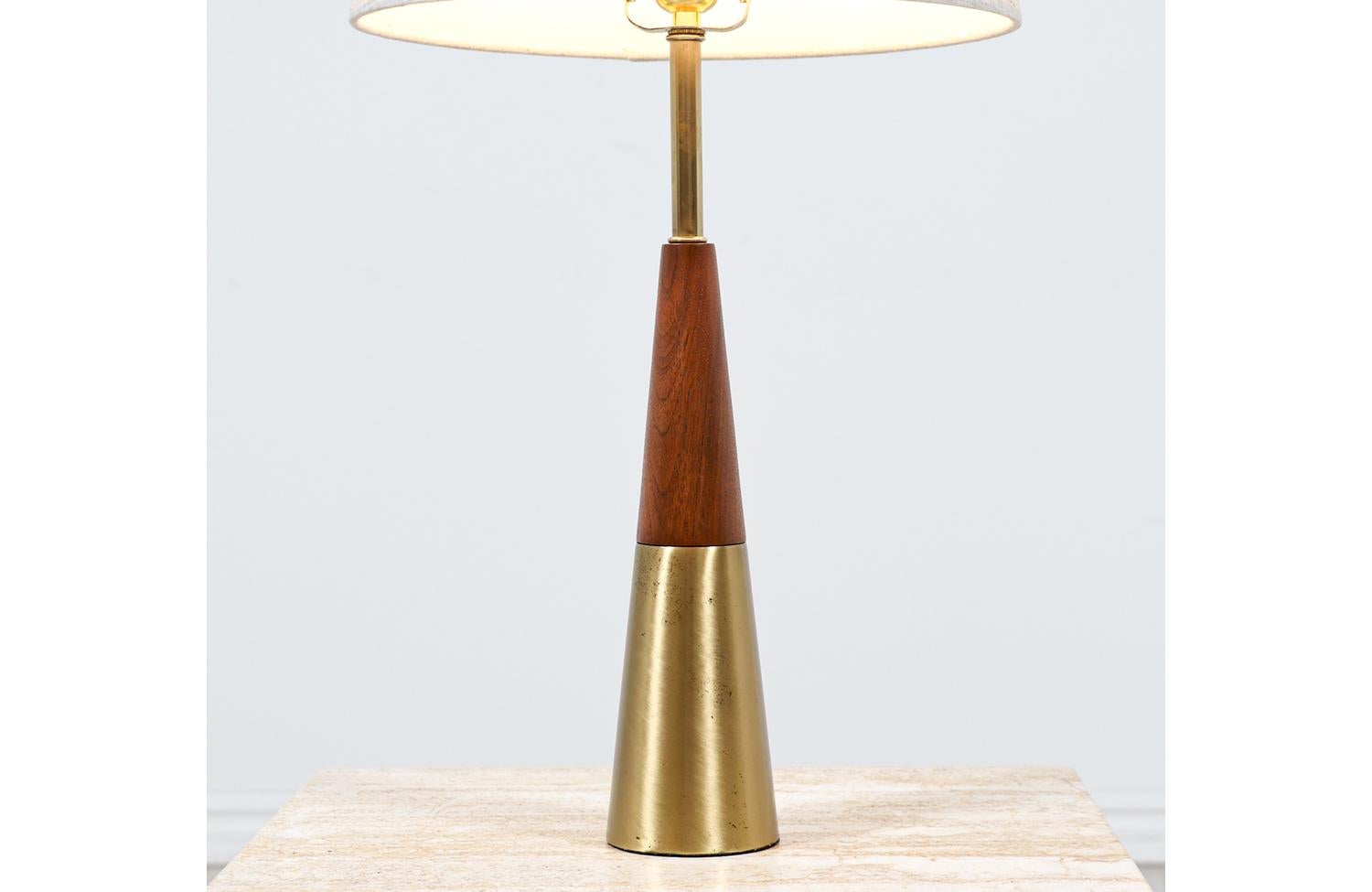 Patinated Expertly Restored - Tony Paul Cone Shape Brass & Walnut Table Lamp For Sale