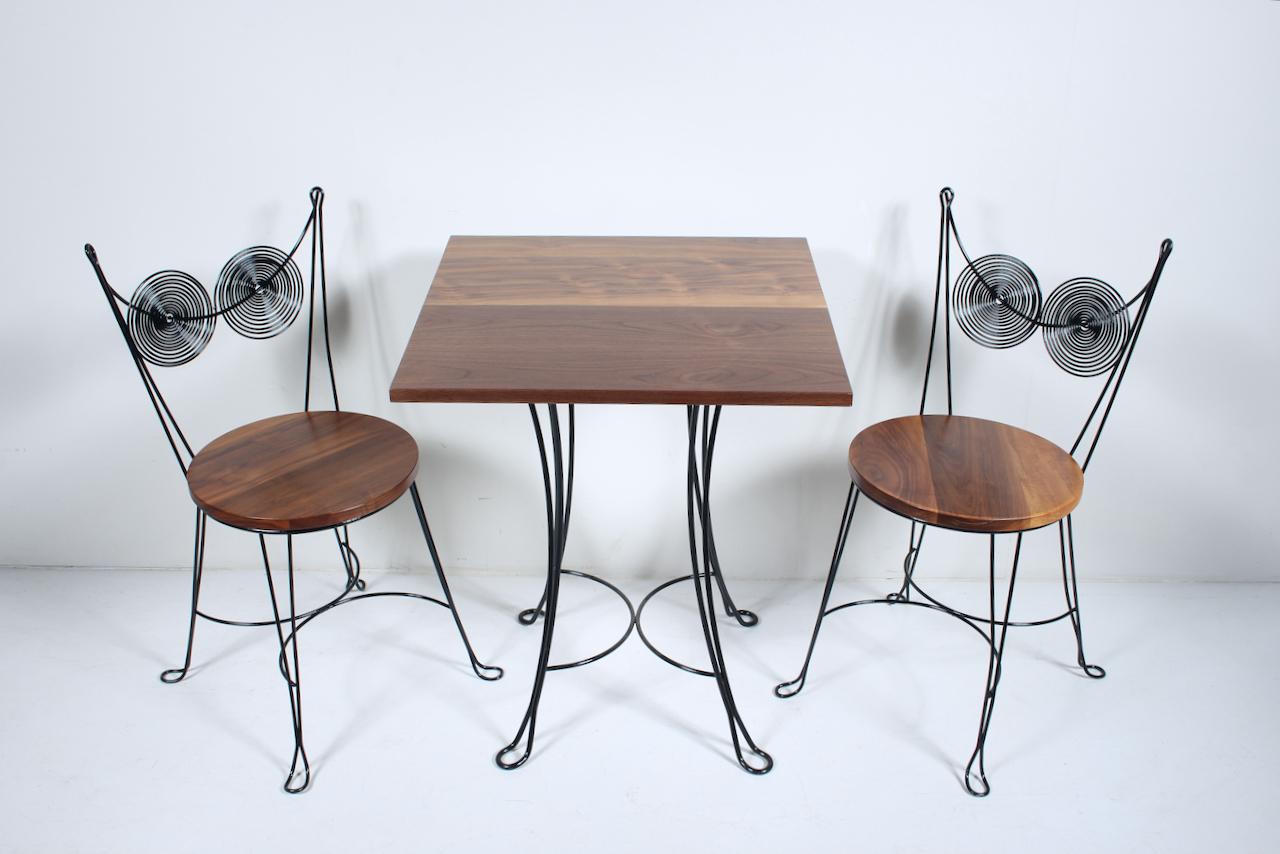 Mid-Century Modern Tony Paul for Rubel Set of Walnut & Black Wire Spiral Back Cafe Chairs & Table For Sale