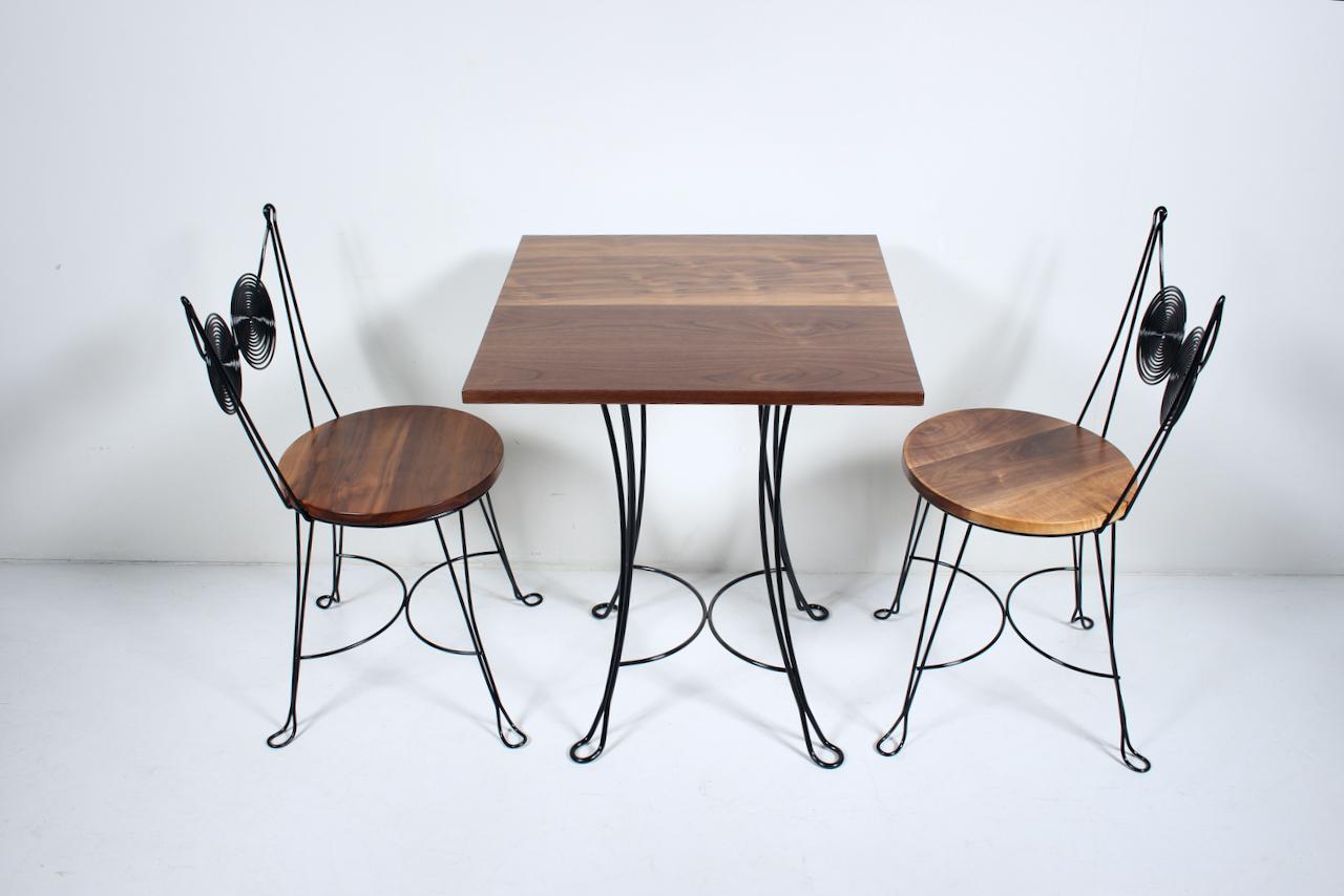 American Tony Paul for Rubel Set of Walnut & Black Wire Spiral Back Cafe Chairs & Table For Sale