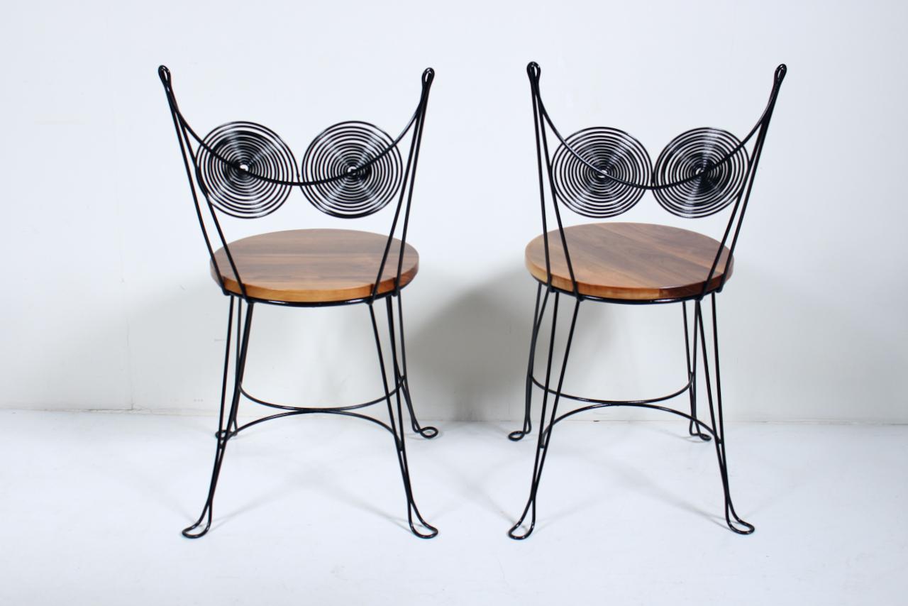 Enameled Tony Paul for Rubel Set of Walnut & Black Wire Spiral Back Cafe Chairs & Table For Sale