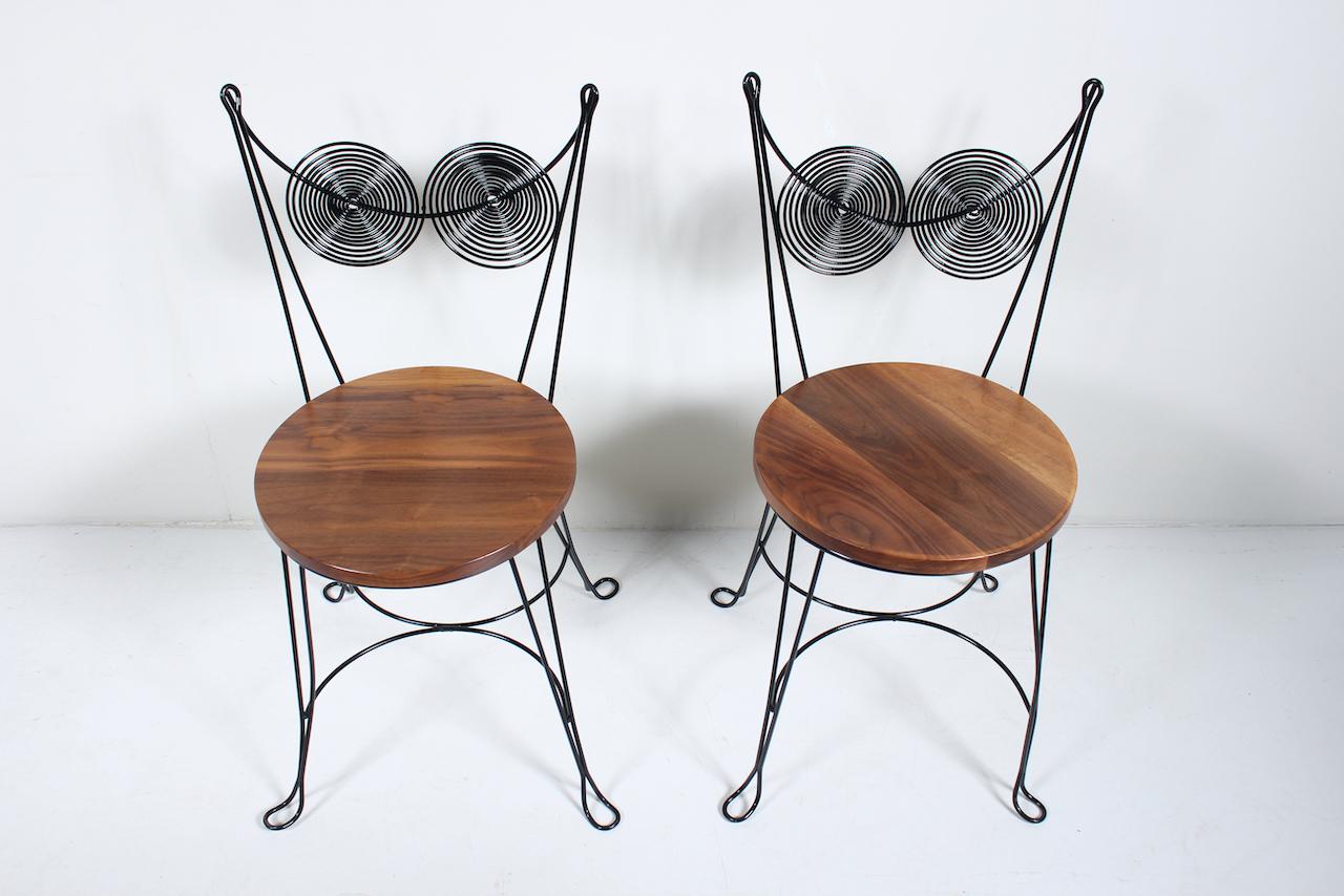 Mid-20th Century Tony Paul for Rubel Set of Walnut & Black Wire Spiral Back Cafe Chairs & Table For Sale