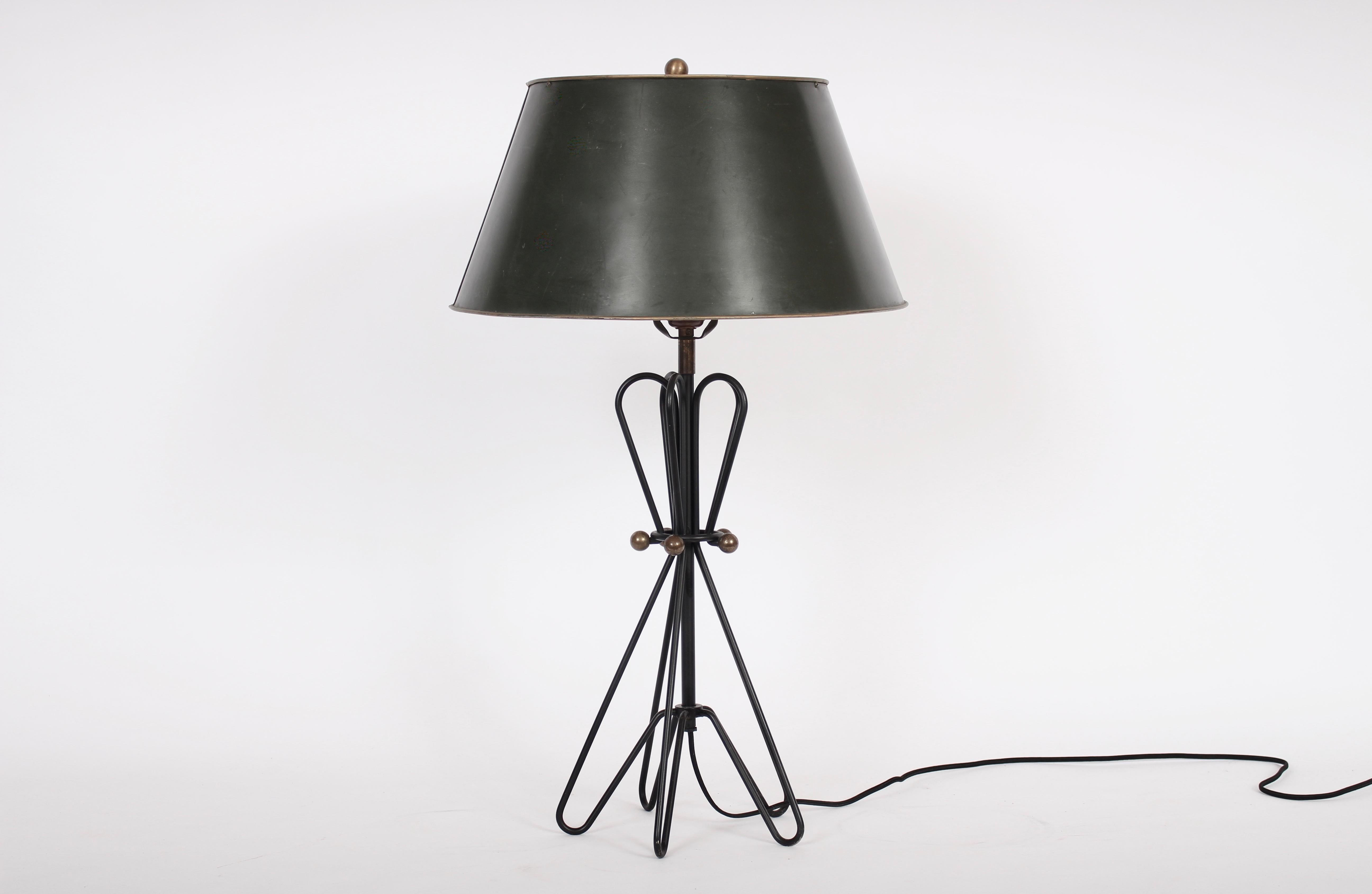 Mid-20th Century Verplex, Tony Paul Style Black Hairpin Table Lamp with Brass Ball Accents, 1950s