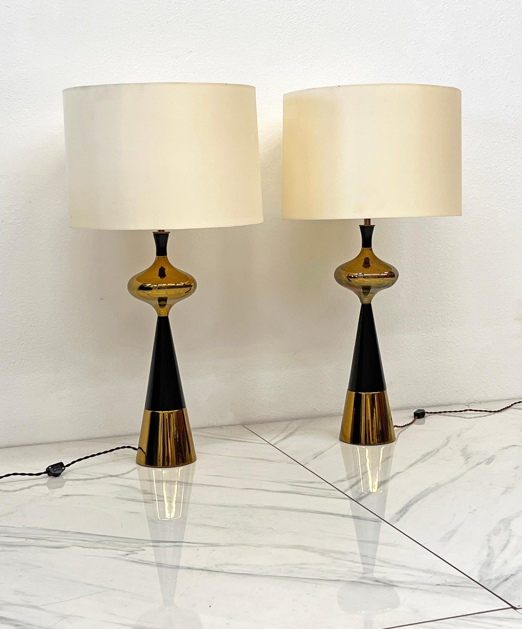Mid-Century Modern Tony Paul for Westwood Brass & Ebonized Walnut Table Lamps, A Pair, 1950s For Sale