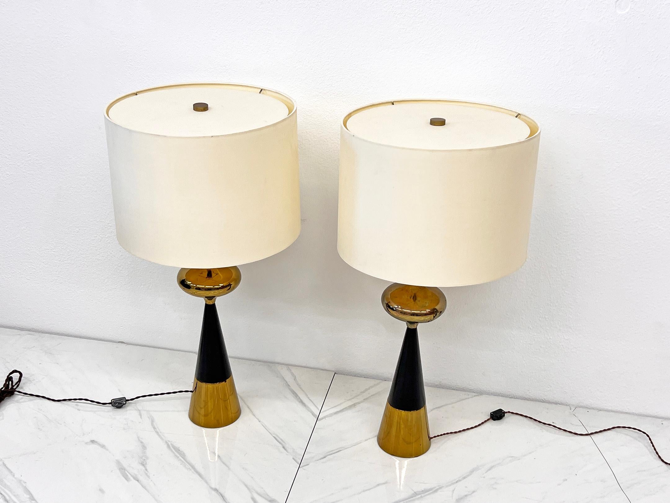 American Tony Paul for Westwood Brass & Ebonized Walnut Table Lamps, A Pair, 1950s For Sale