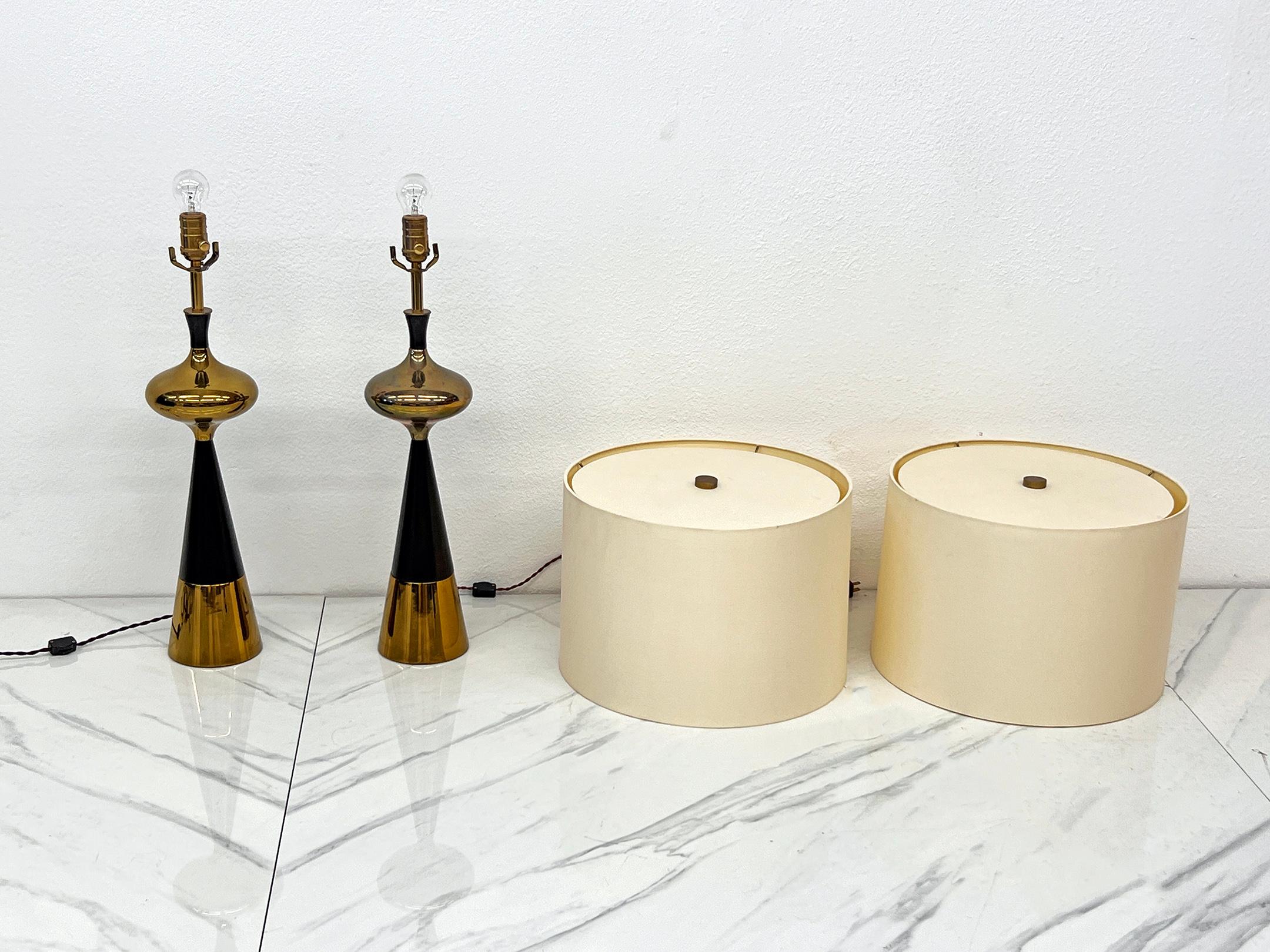 Tony Paul for Westwood Brass & Ebonized Walnut Table Lamps, A Pair, 1950s In Good Condition For Sale In Culver City, CA