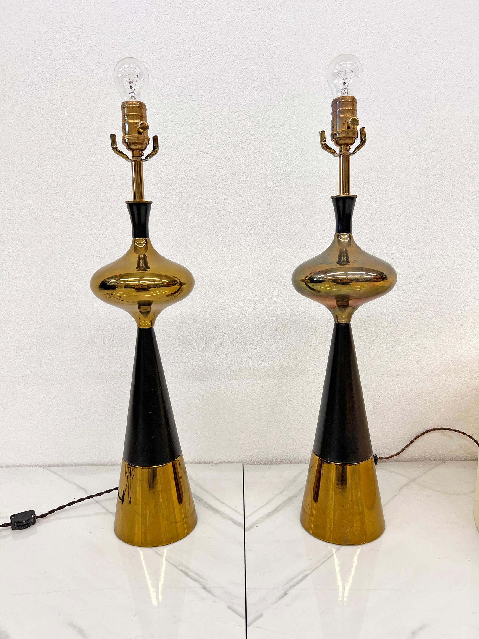 Tony Paul for Westwood Brass & Ebonized Walnut Table Lamps, A Pair, 1950s For Sale 2