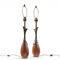 Tony Paul for Westwood Industries Mid Century Walnut and Brass Lamps - Pair