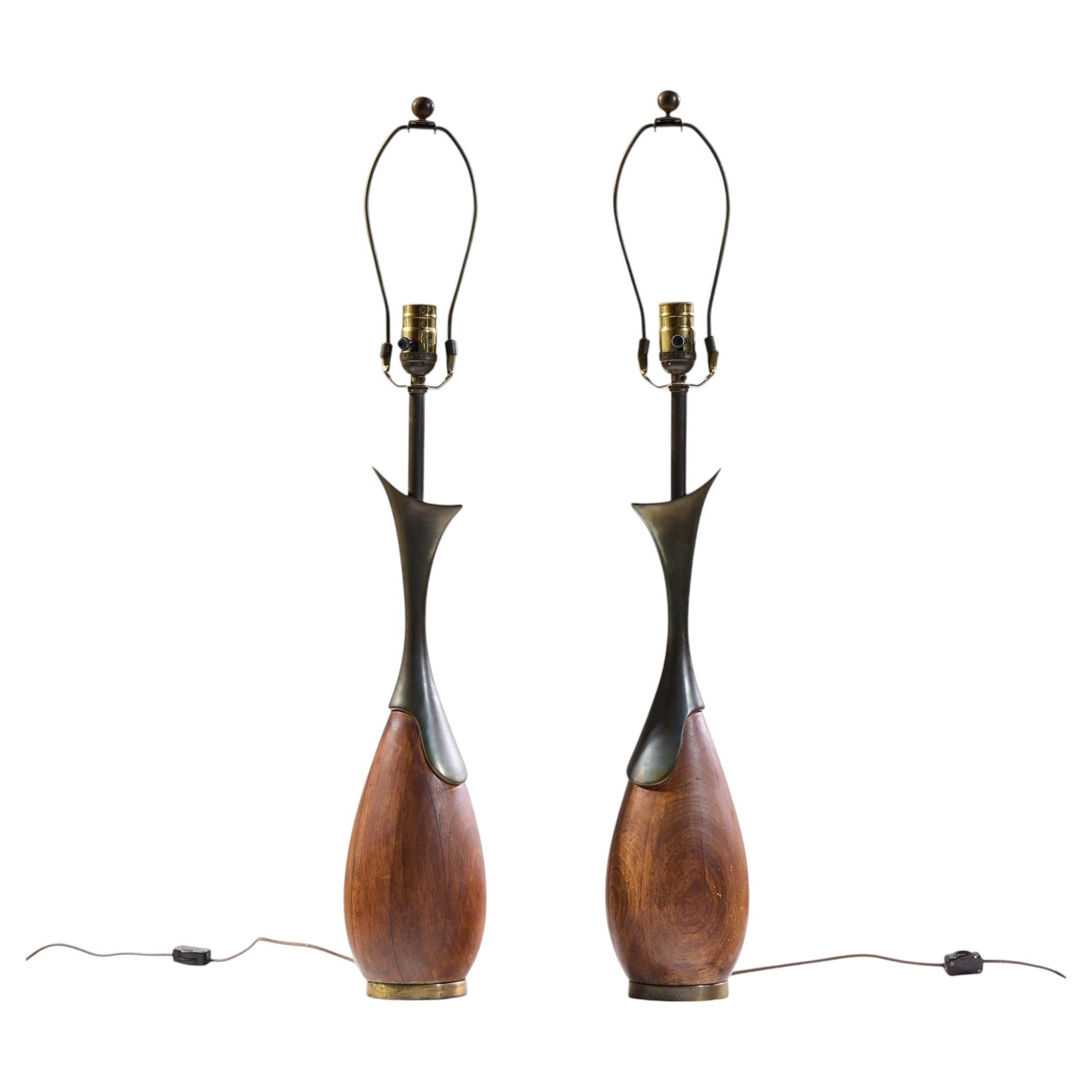 Tony Paul for Westwood Industries Mid Century Walnut and Brass Lamps - Pair For Sale