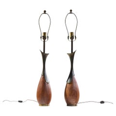 Tony Paul for Westwood Industries Mid Century Walnut and Brass Lamps - Pair
