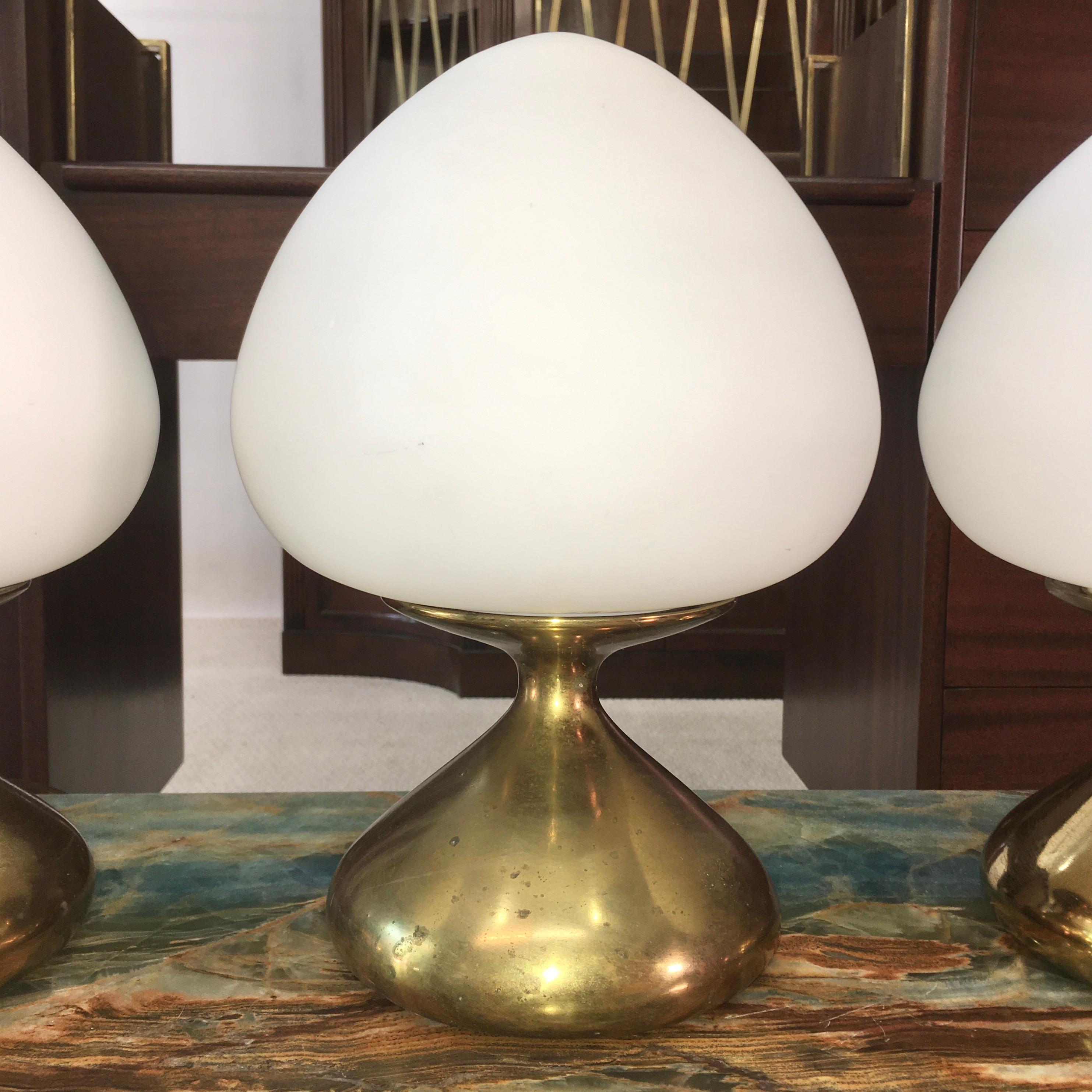 Tony Paul for Westwood Set of 3 Brass and Opaline Mushroom Lamps 2
