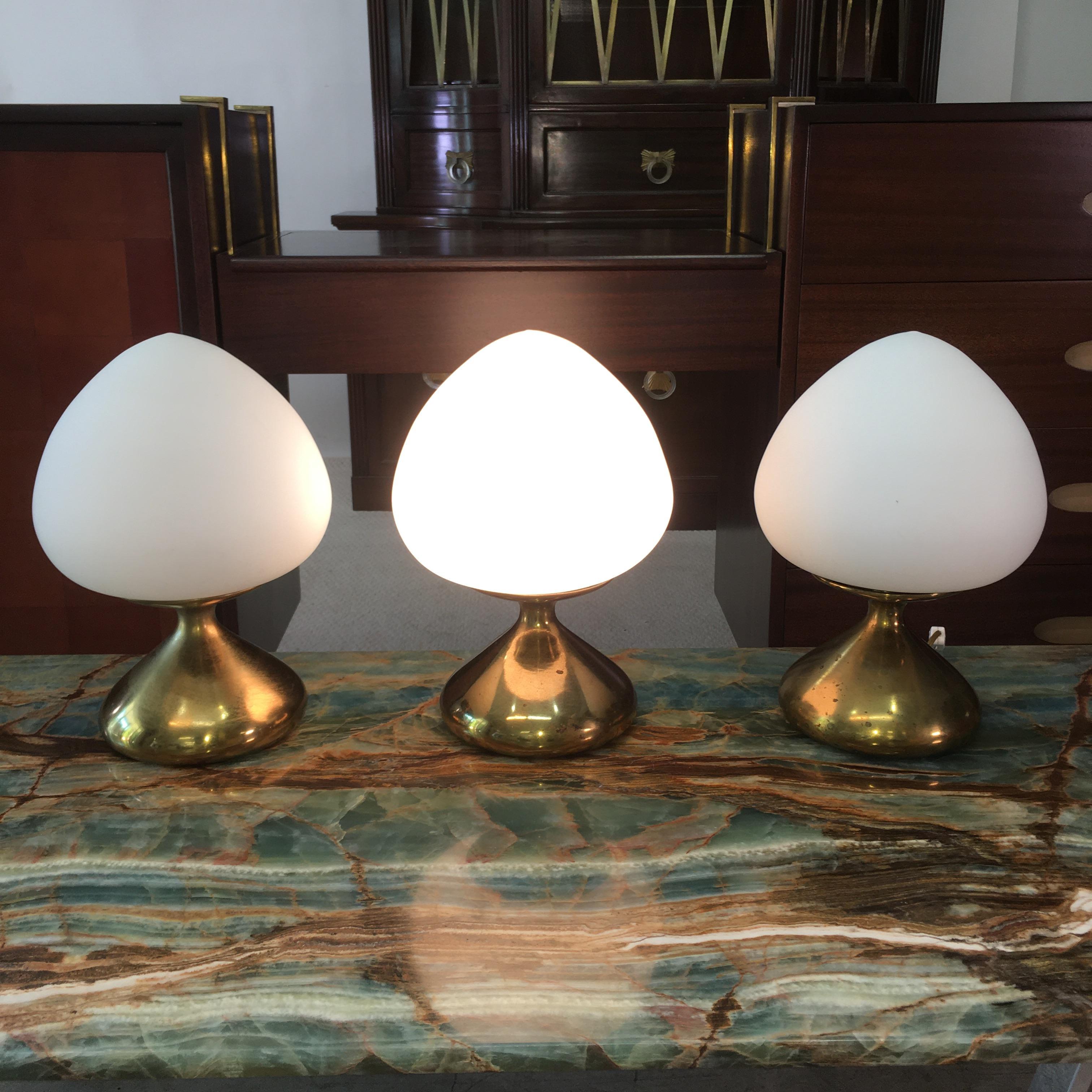 Mid-Century Modern Tony Paul for Westwood Set of 3 Brass and Opaline Mushroom Lamps