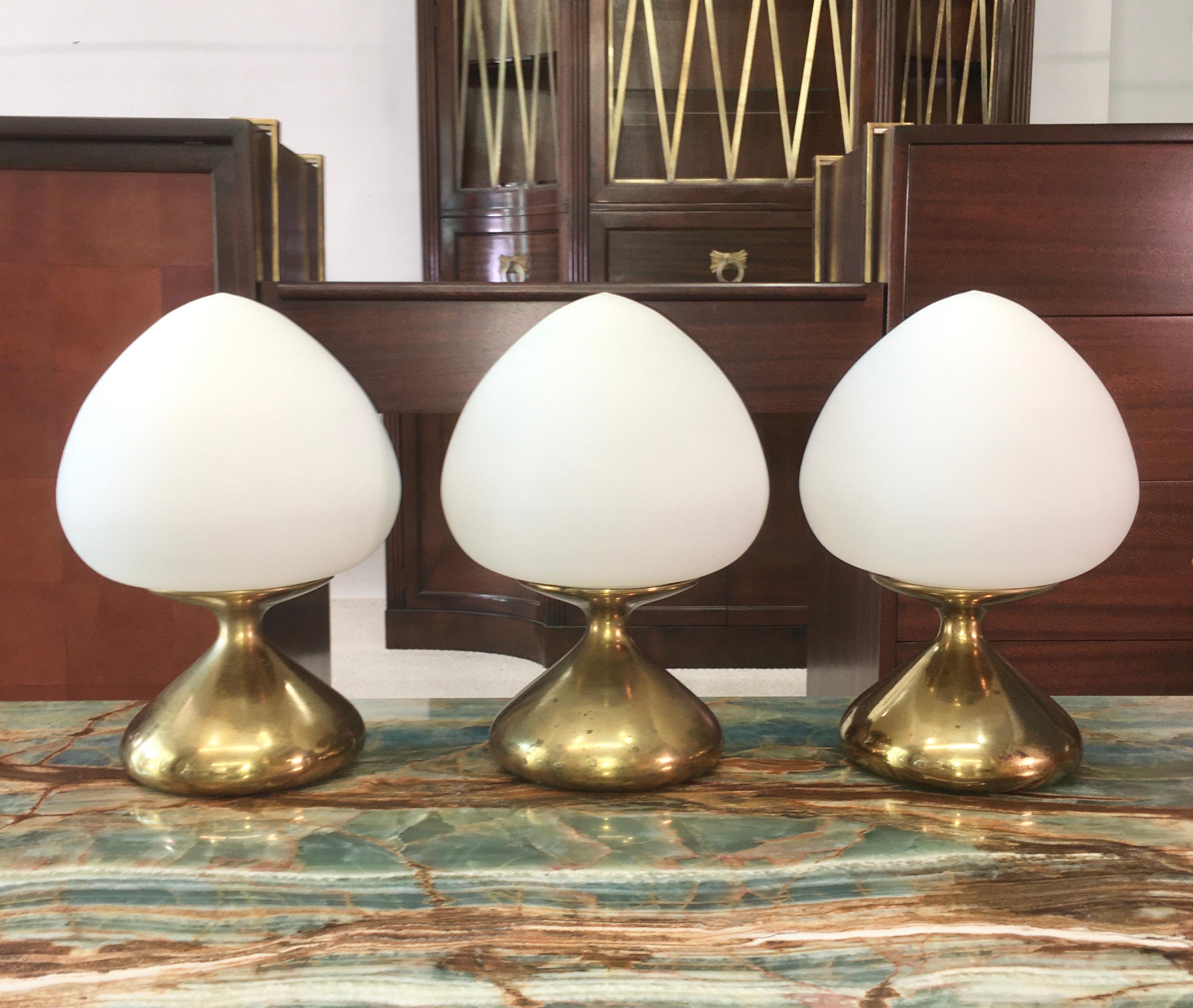 American Tony Paul for Westwood Set of 3 Brass and Opaline Mushroom Lamps