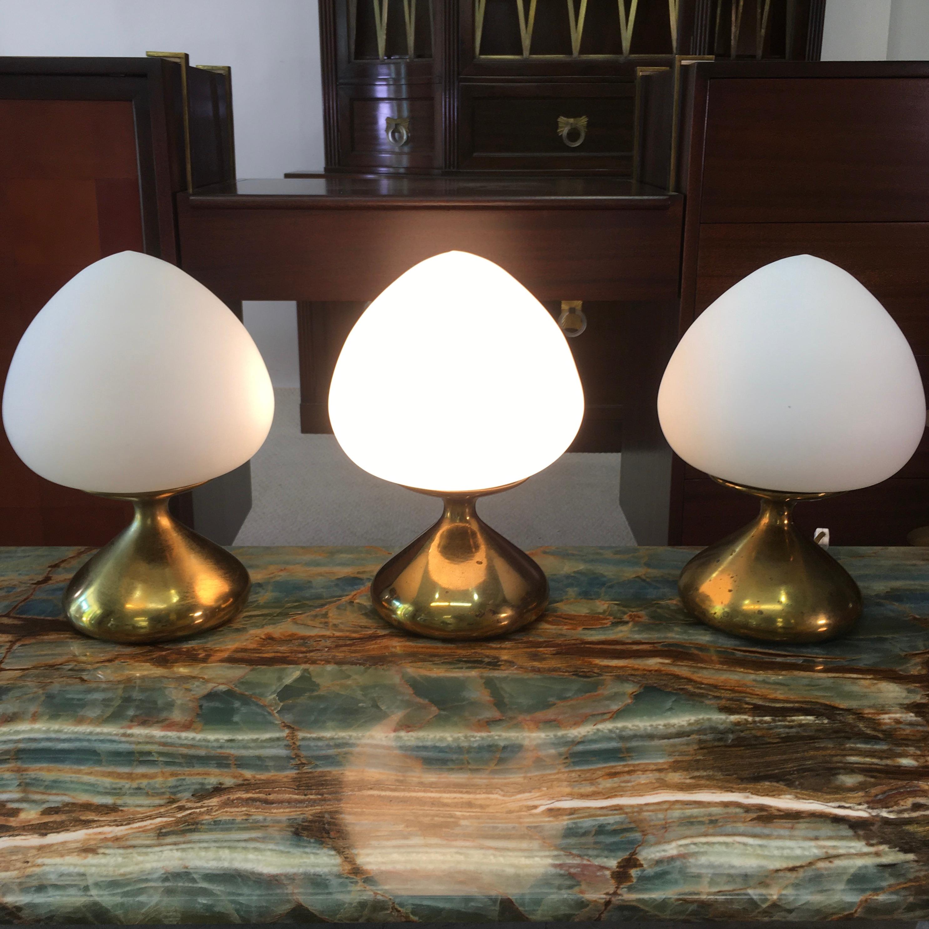 Plated Tony Paul for Westwood Set of 3 Brass and Opaline Mushroom Lamps