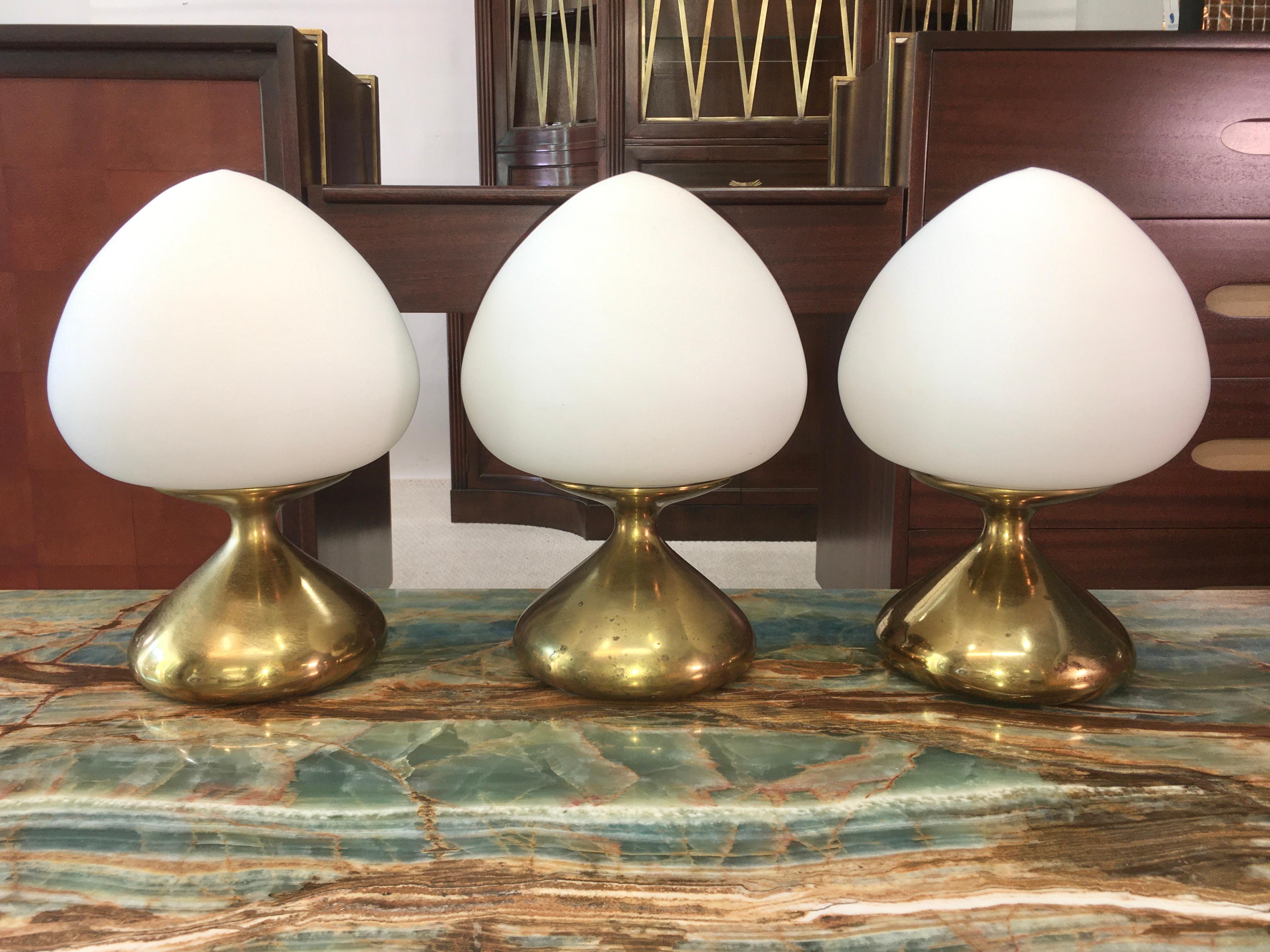 Tony Paul for Westwood Set of 3 Brass and Opaline Mushroom Lamps In Good Condition In Hanover, MA
