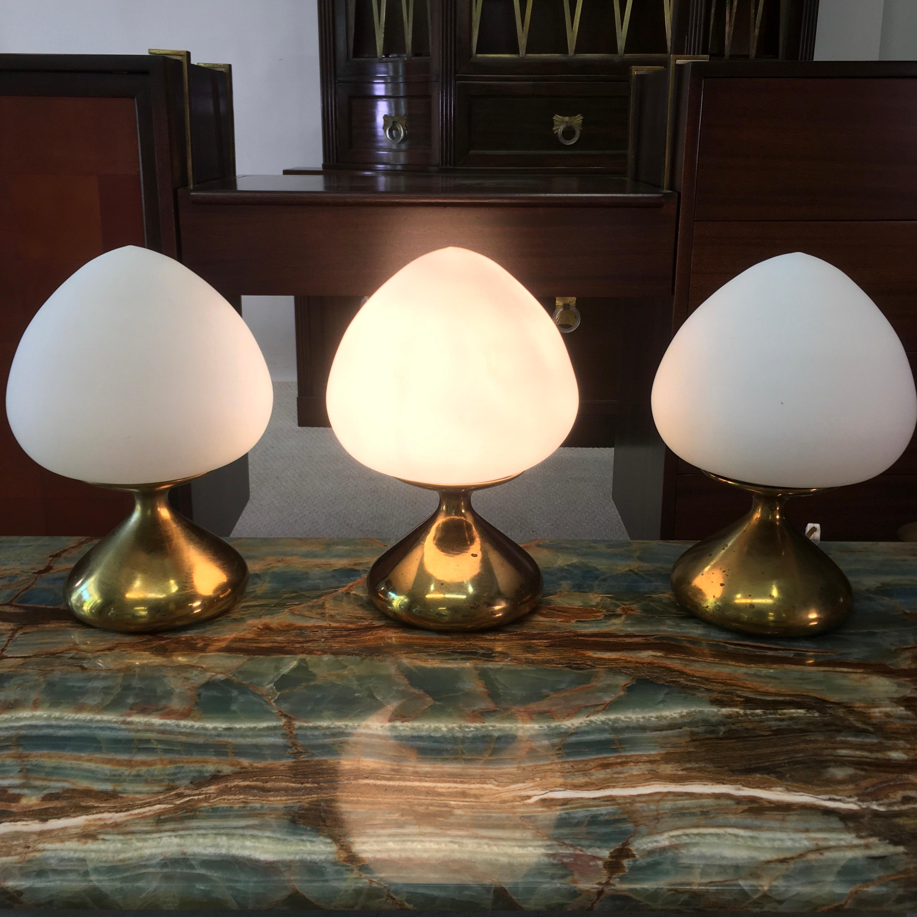 Mid-20th Century Tony Paul for Westwood Set of 3 Brass and Opaline Mushroom Lamps