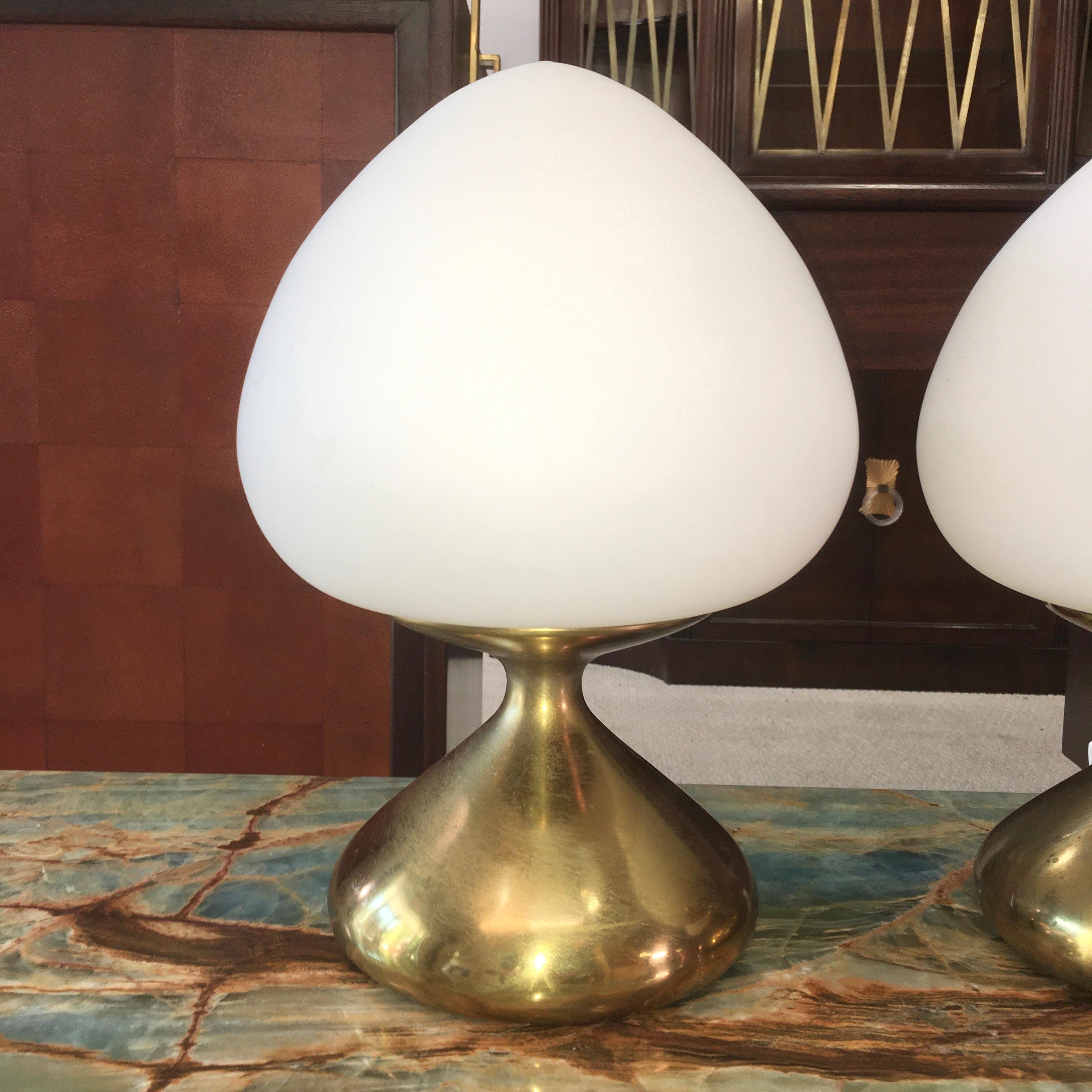 Tony Paul for Westwood Set of 3 Brass and Opaline Mushroom Lamps 1